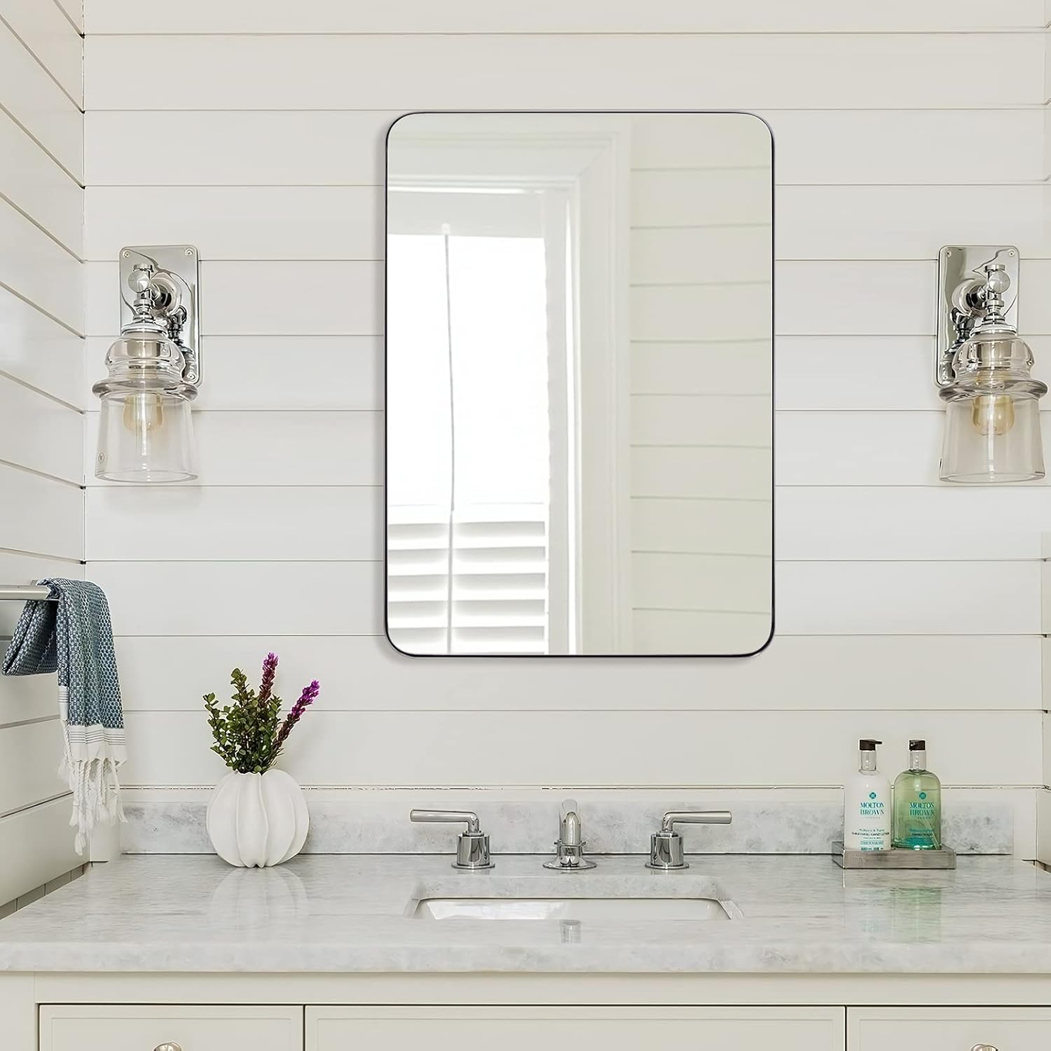 ANDY STAR Brushed Nickel Mirror for Wall, 20”x28” Silver Rectangle Bathroom Mirror, Modern Metal Mirror in Rounded Corner Stainless Steel Frame, 1’’ Deep Set Design Hangs Horizontal Or Vertical 20" x 28" Brushed Nickel