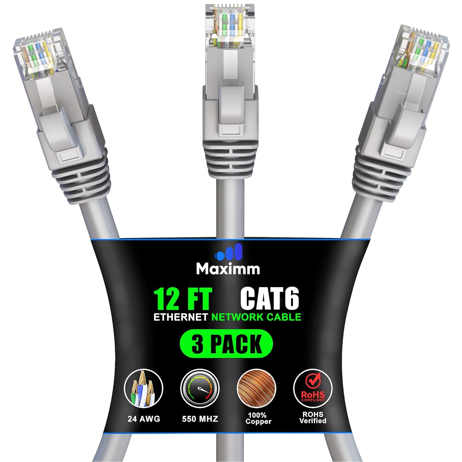 Maximm Cat 6 Ethernet Cable 12 Ft, (3-Pack) Cat6 Cable, LAN Cable, Internet Cable, Patch Cable and Network Cable - UTP (Gray) 12 Feet with 100 Cable Clips and Zip Ties