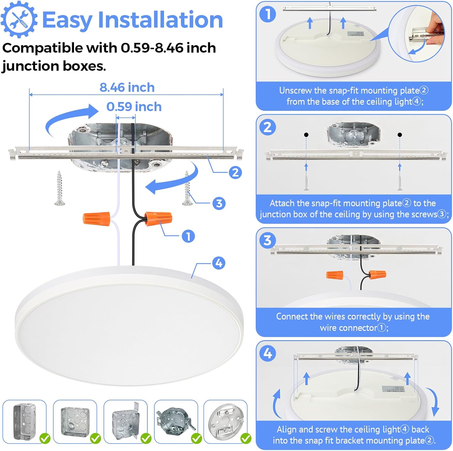 Step-by-step installation guide for the SunRider LED Ceiling Light, showing how to detach the mounting plate, attach it to the junction box, connect wires, and reattach the light fixture.
