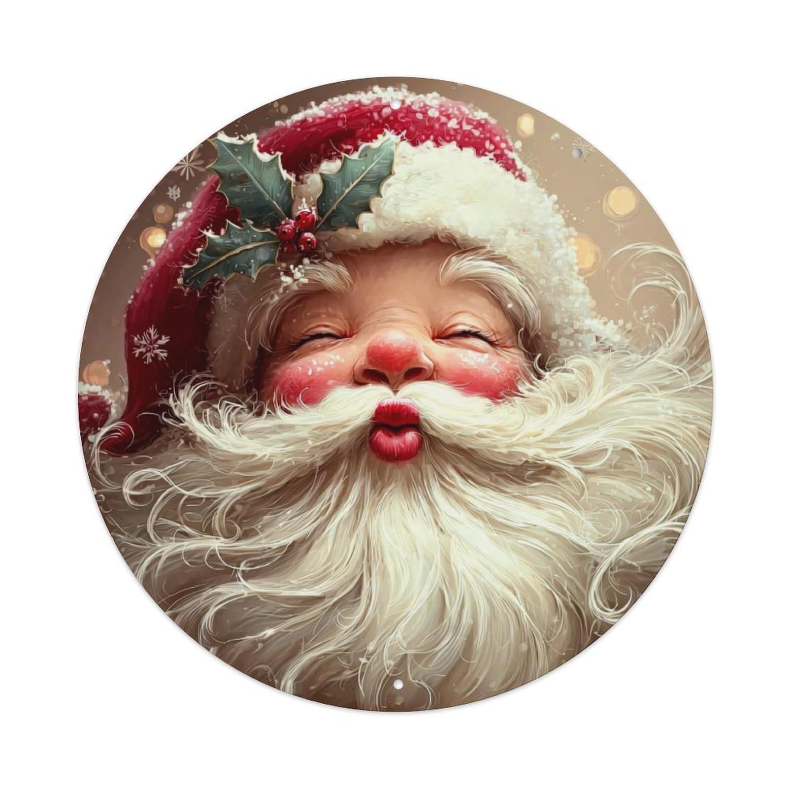Santa Claus Face Pattern Print Vintage Metal Tin Sign Retro Wall Decor for Home Bar Garage Cafe, Indoor & Outdoor Decorative，circle Metal Poster, 8x8 Inch
