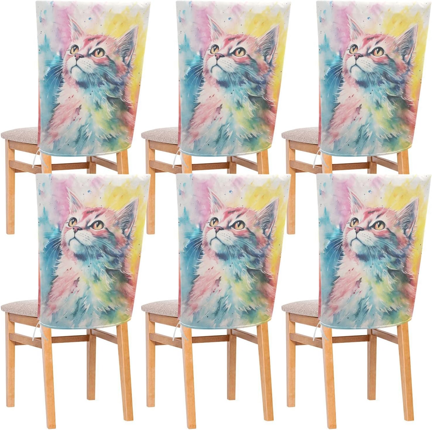 ALAZA Rainbow Color Cat Chair Back Cover Set of 6, Washable Reusable Removable Chair Slipcovers Decorative Chair Cover for Home Kitchen Wedding Party