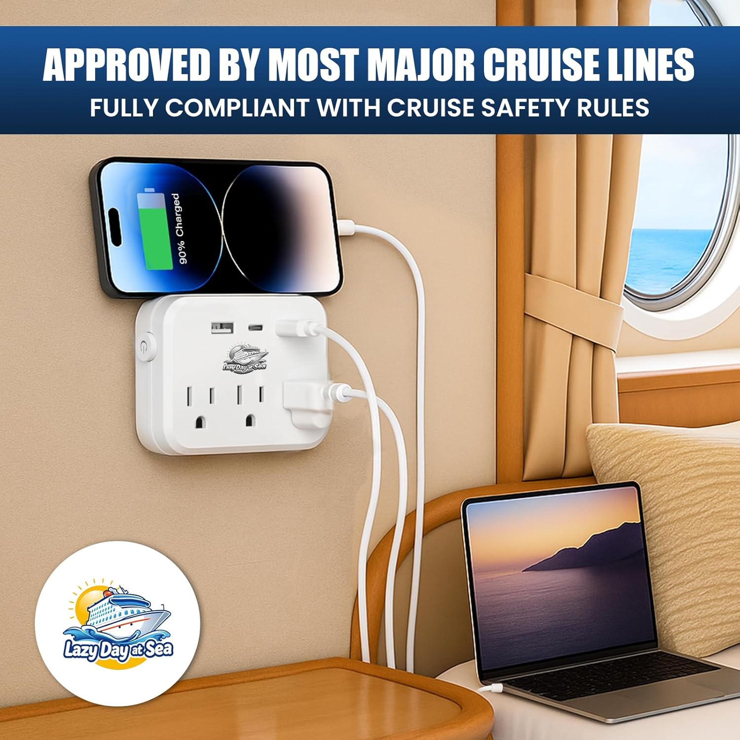 Cruise Ship Compliant Non-Surge Power Strip (6-in-1) – Outlet Extender with 3 AC Outlets, 2 USB Ports & 1 USB-C, 2500W, Approved for Carnival, Norwegian, Princess & Disney Cruises (NOT Royal)