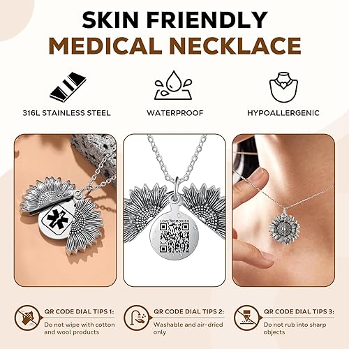Miniatura 8 de Theluckytag Collar de alerta médica para hombres, mujeres y niños - Collar médico de acero inoxidable de 19 '' Collar de identificación médica con