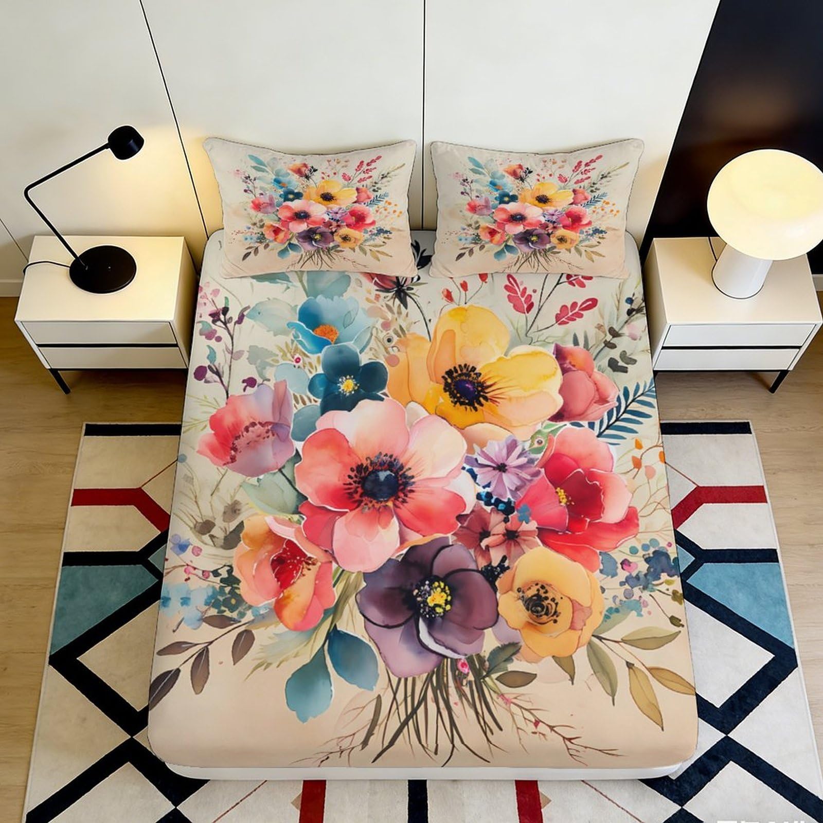 3D Printed Watercolor Floral Fitted Sheet Microfiber Soft Colorful Botanical Mattress Cover for Bedroom Guest Room Decor 200x200x25cm