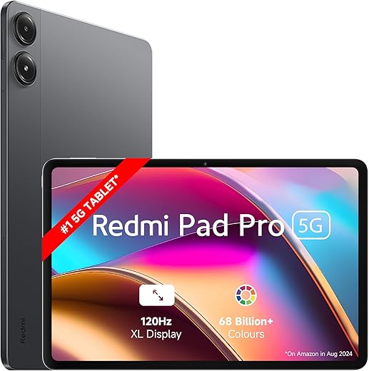 Redmi Pad Pro 5G |Snapdragon 7s Gen 2|30.7cm(12.1″) Tablet|33+ Days Standby| 10000mAh|HyperOS|8GB, 256GB|Quad Speakers |Wi-Fi 6 + 5G |Graphite Grey