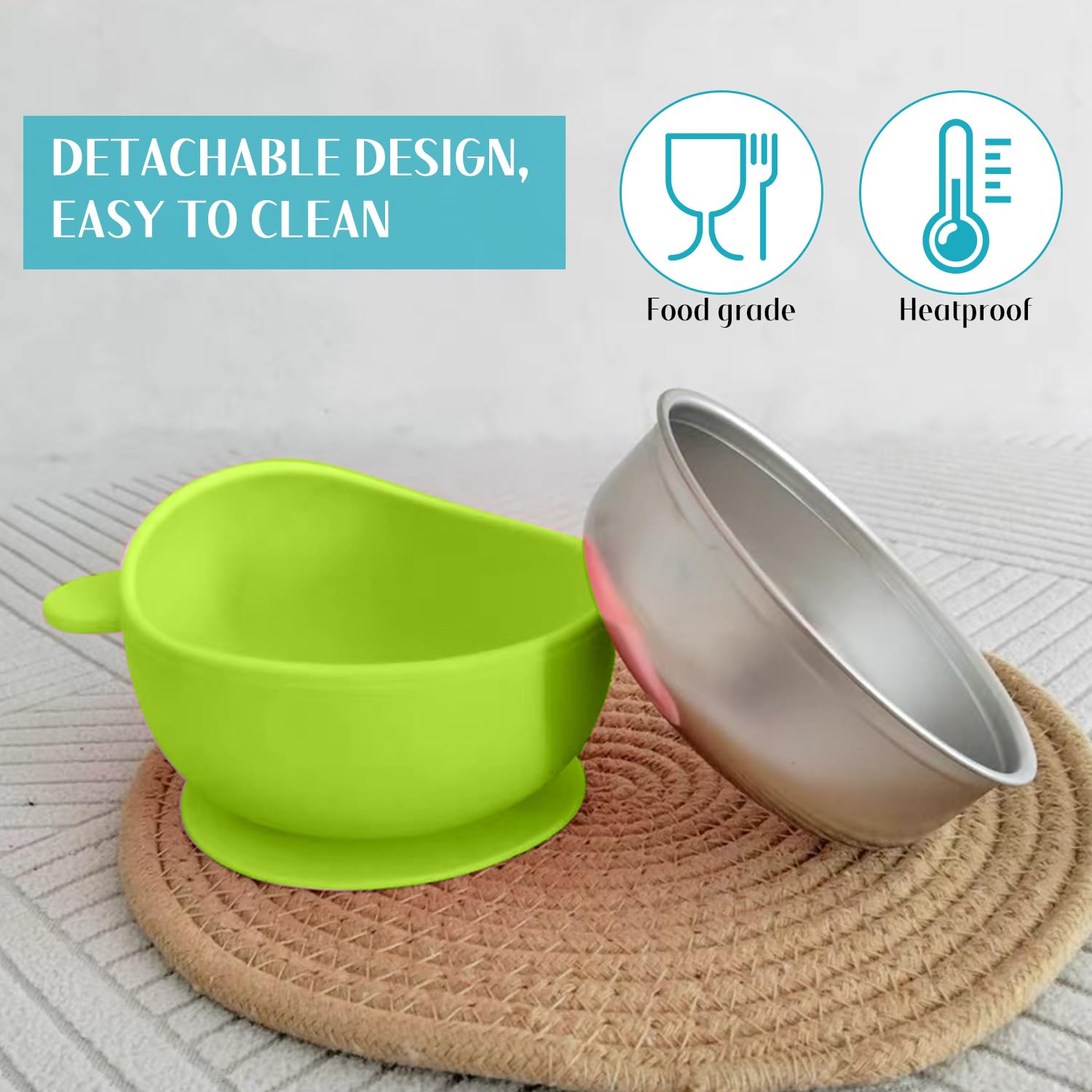 4 Pièces, Assiette Bebe Ventouse et Bols pour Bébé, en Acier Inoxydable et Silicone, Résistants aux Chutes, Lavables au Lave-Vaisselle, Adaptés aux Bébés et aux Enfants (Bleu et Vert)