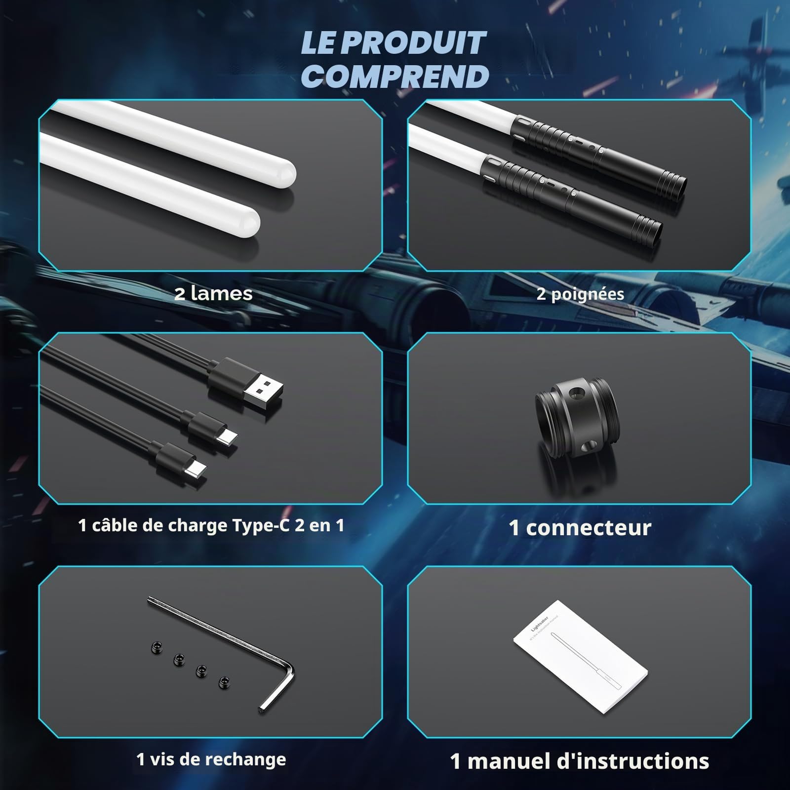 Sabre Laser 2 Pièces, Sabre Laser pour Enfants RGB 15 Couleurs, Epées Laser Rechargeable avec Effets sonores FX, Jouet pour Enfants, Halloween, Jeu de rôle Guerrier Galactique(74CM 2PC)