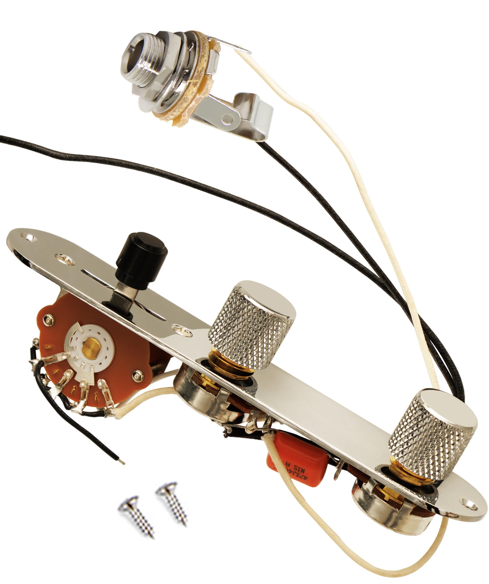 Prewired Wiring Harness for Telecaster Style Guitars, 32.5mm Width Control Plate with Parallel Switching, Full Size Pots, 3‑Way Blade .047uF Orange Capacitor, Knurled Metal Tone Knobs