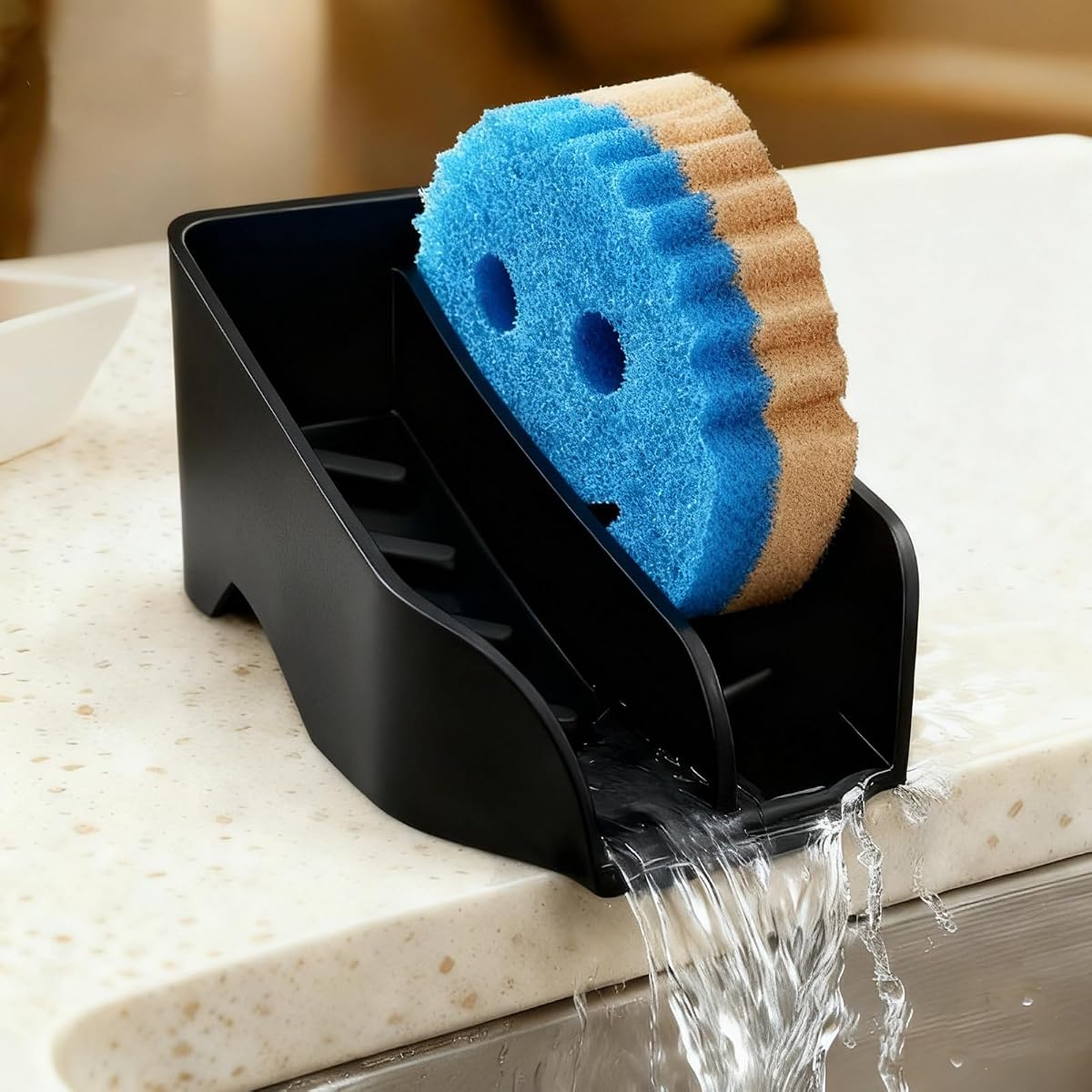 Sponge Holder for Scrub Daddy Mommy Kitchen Sink with Drain Spout, Large Soap Dish, Sink Caddy Organizer, Dishwasher Safe, Kitchen Accessories (Black)