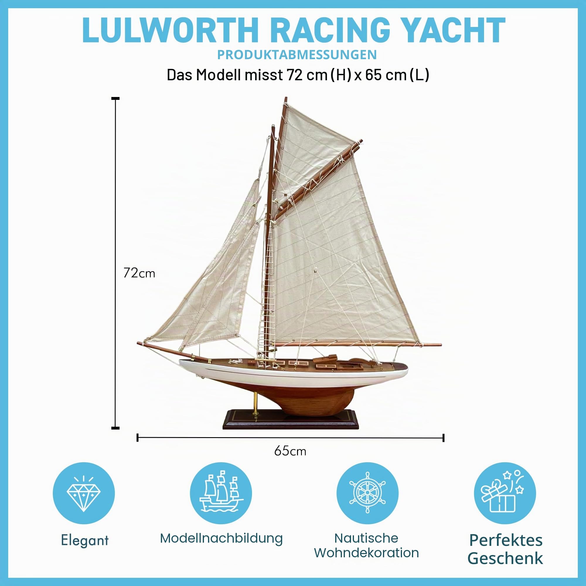 Thorness Voll Rigged Lulworth Modellyacht | 65 cm (L) x 72 cm (H) | nautisches Ornament | Segelboot-Modell | Lulworth Segelschiff-Modell | komplett montiertes Modellboot fertig zum Ausstellen