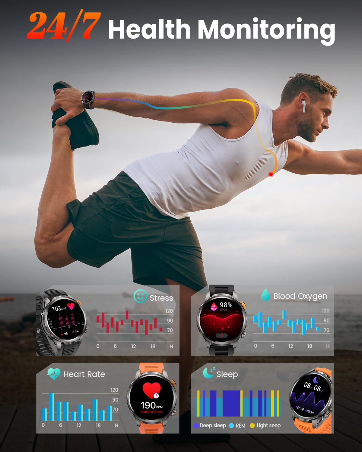 2025 Smartwatch Uomo con Torcia LED/1000mAh/5ATM, 1.91" AMOLED Militare Smart Watch Orologio con Chiamate/113 Modalità Sportive, 24/7 Fitness Tracker Sonno/Cardiofrequenzimetro/SpO2 Android iOS Nero