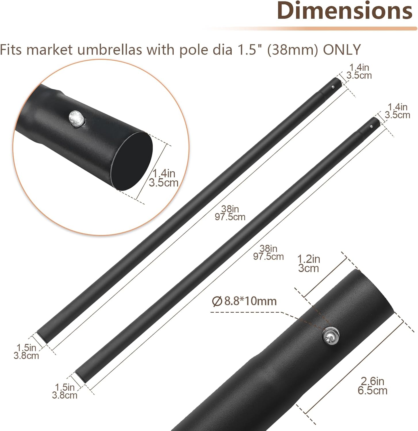 C-Hopetree 1.5in Outdoor Patio Replacement Extension Market Umbrella Lower Pole with Bullet Buckle, Dark Gray