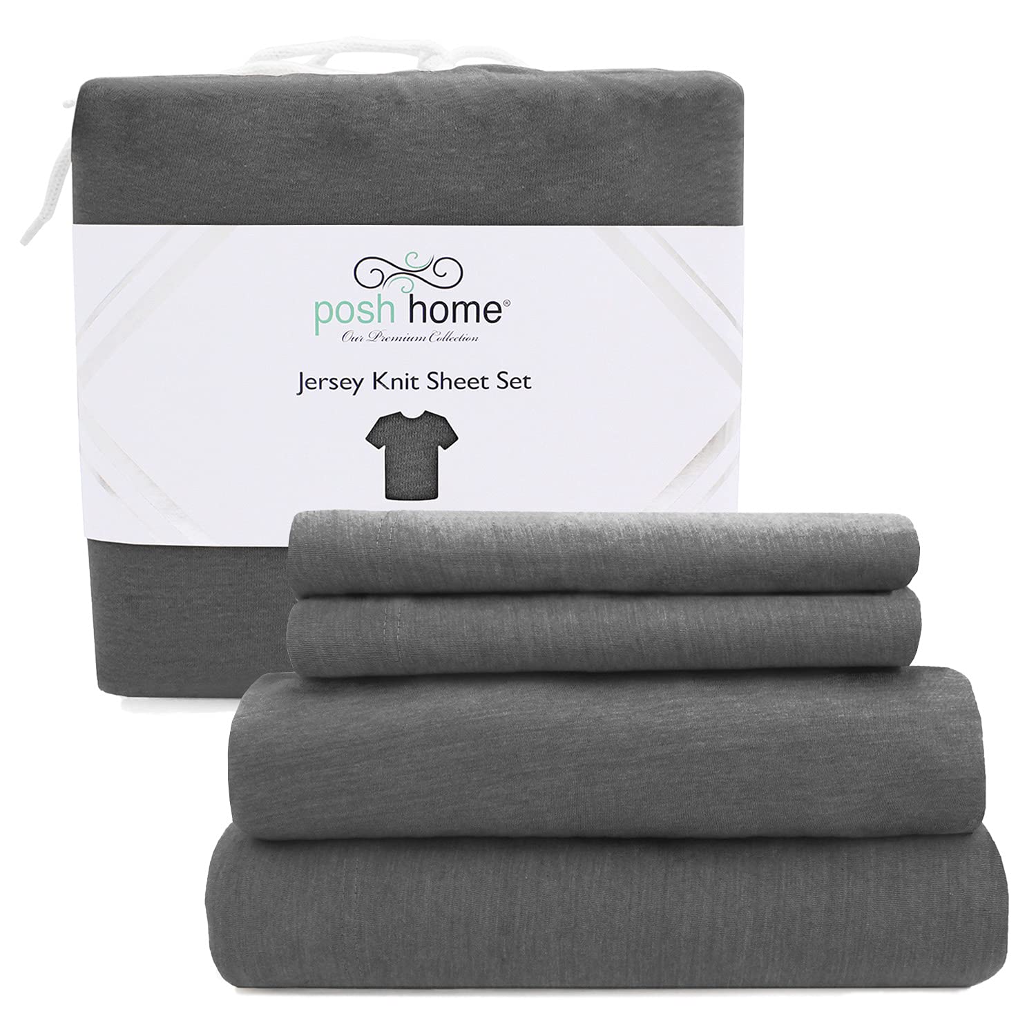 Posh Home Jersey Knit Sheet Set – 4-Piece Jersey Bed Sheets – T-Shirt Breathable & Soft Cotton Jersey Sheets - Includes Flat Sheet, Jersey Fitted Sheet, & 2 Pillowcases - Queen Jersey Sheets, Grey