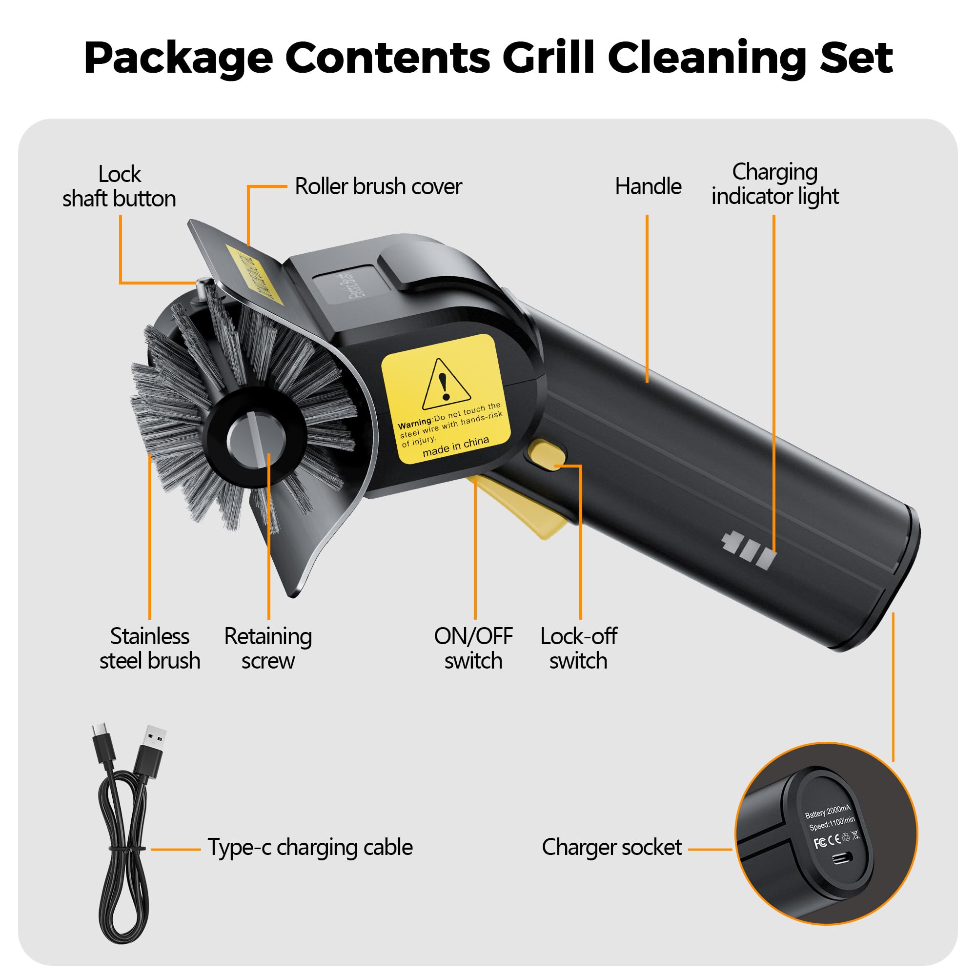 Cepillo eléctrico para parrilla, cepillo de barbacoa inalámbrico resistente con cerdas de acero inoxidable, batería recargable de 2000 mAh, limpiador motorizado de parrilla de 1100 RPM para parrillas