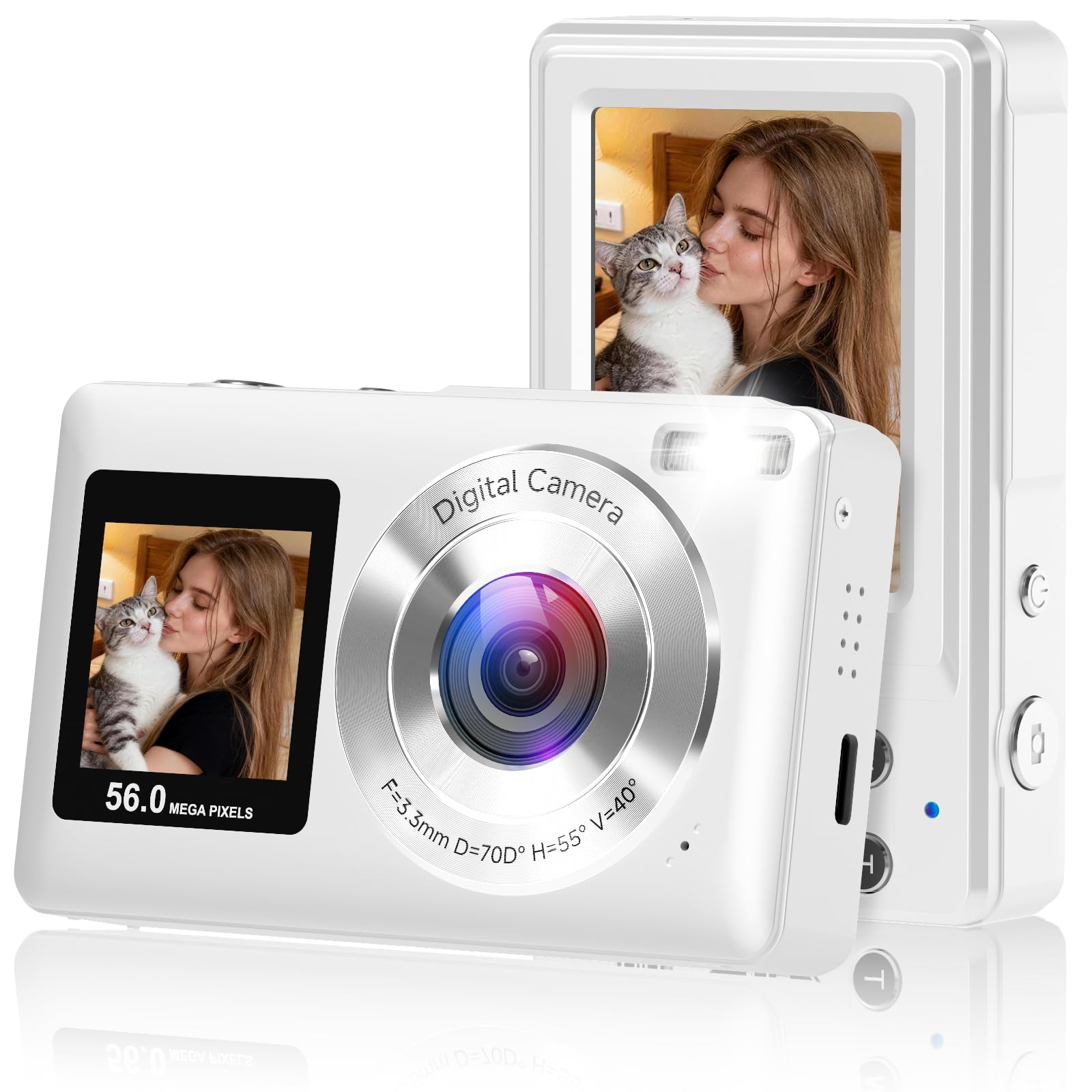 Digital Camera, 2026 Upgraded 56MP Dual Screens Camera for Selfies, 16X Zoom Small Cameras with Smile Capture 32GB SD Card, Anti Shake Compact Cameras for Boys Girls Kids Teens Adults,White