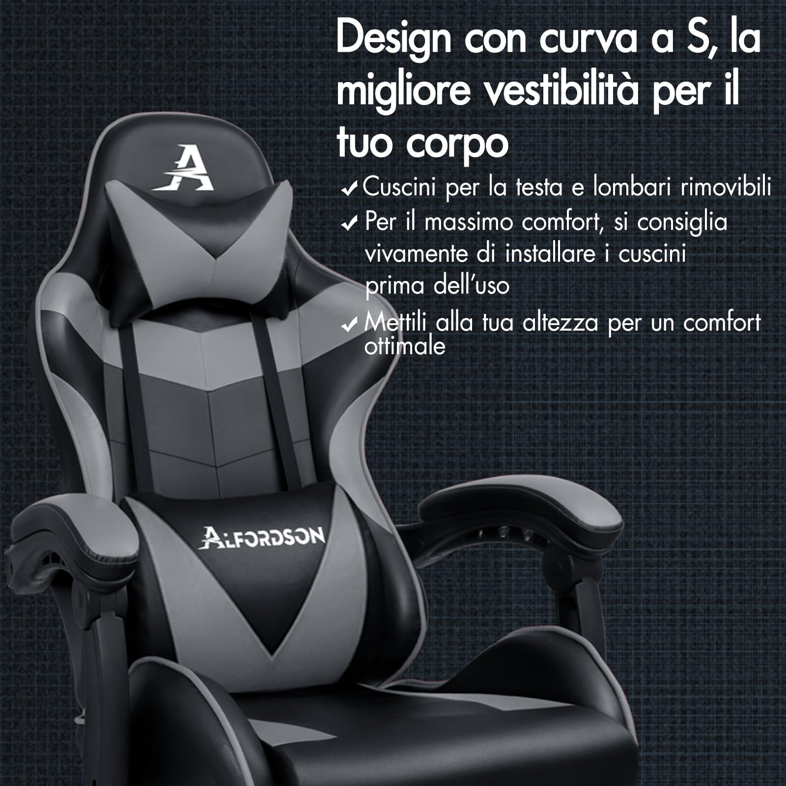 ALFORDSON Sedia Gaming Massaggiante, Sedia Gamer Professionale con Cuscino Lombare & Poggiatesta, Poltrona Ergonomica da Ufficio con Poggiapiedi, Regolabile 90-150°, Portata 180 kg, Similpelle(Grigia)