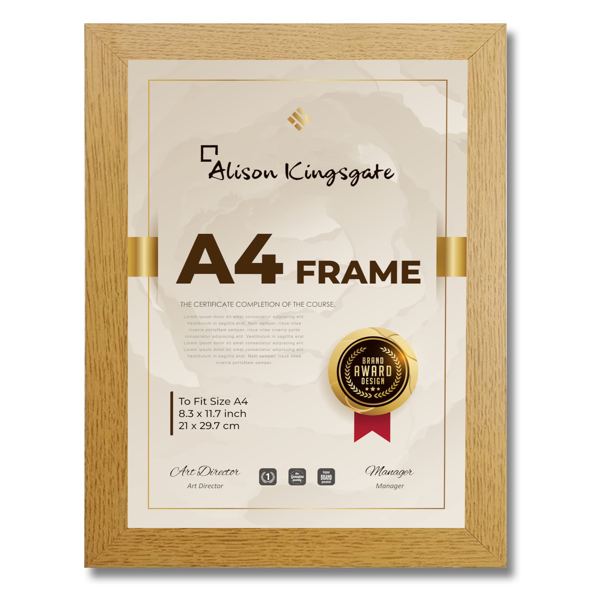 Alison Kingsgate A4 Oak Frame in Size 29.7 x 21cm Use for Picture Frames - Photo Frame - Wooden Frame - Certificates - A4 Frame with Clear Perspex Sheet & Wall Mounted Hook (Oak)