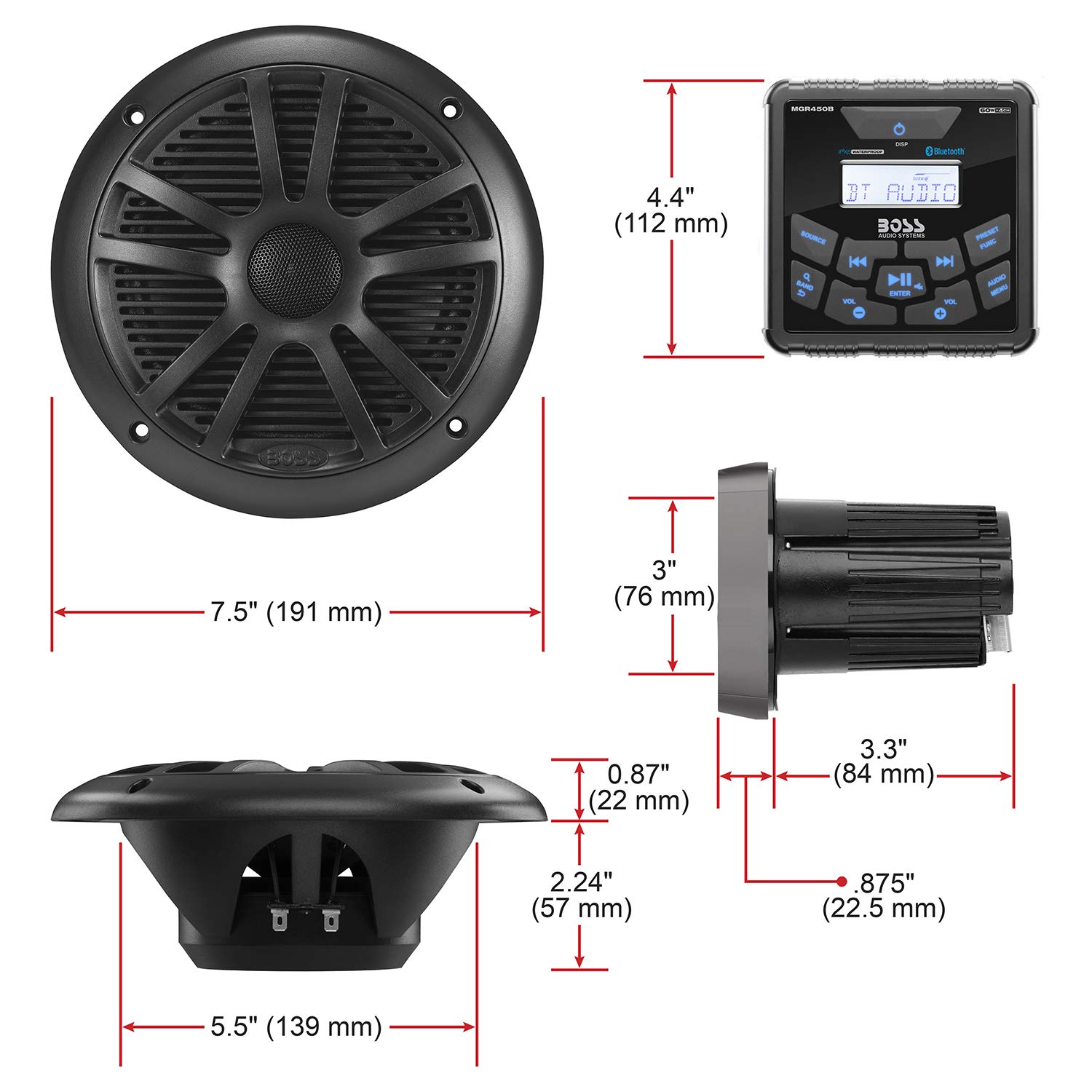 Marine Speakers Marine Bluetooth Stereo System IPX6 Waterproof