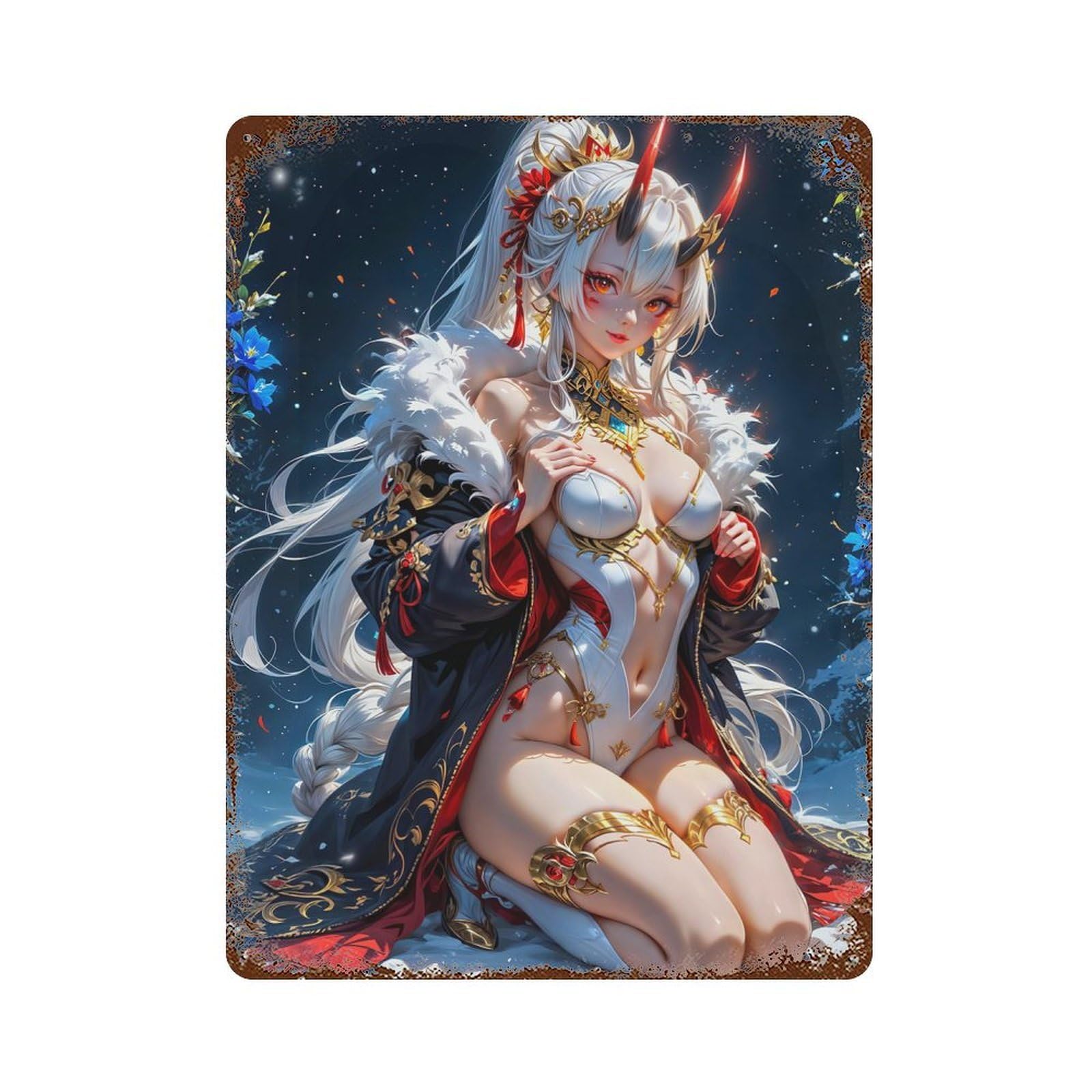Rusty Metal Tin Sign with Anime Demon Girl in Winter Design 15.7"x11.8", for Shed, Workshop And Garage Wall Decor, Classic Wall Plaque