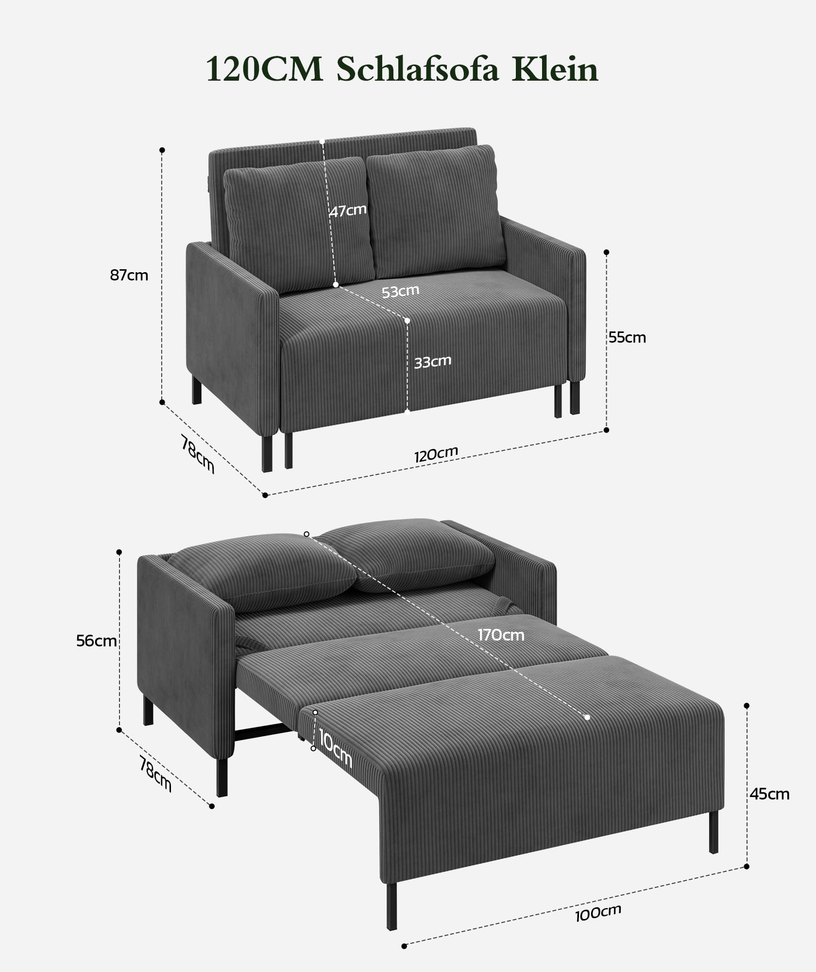 Domusensus Schlafsofa, 120CM Cord Sofa mit Schlaffunktion, 2 Sitzer Sofa | Schlafcouch 53CM Extra Tiefe Sitze, Couch mit schlaffunktion, Klein Sofa 2 Sitzer, Schlafzimmer Sofas fürs Büro 2 Kissen,Grau
