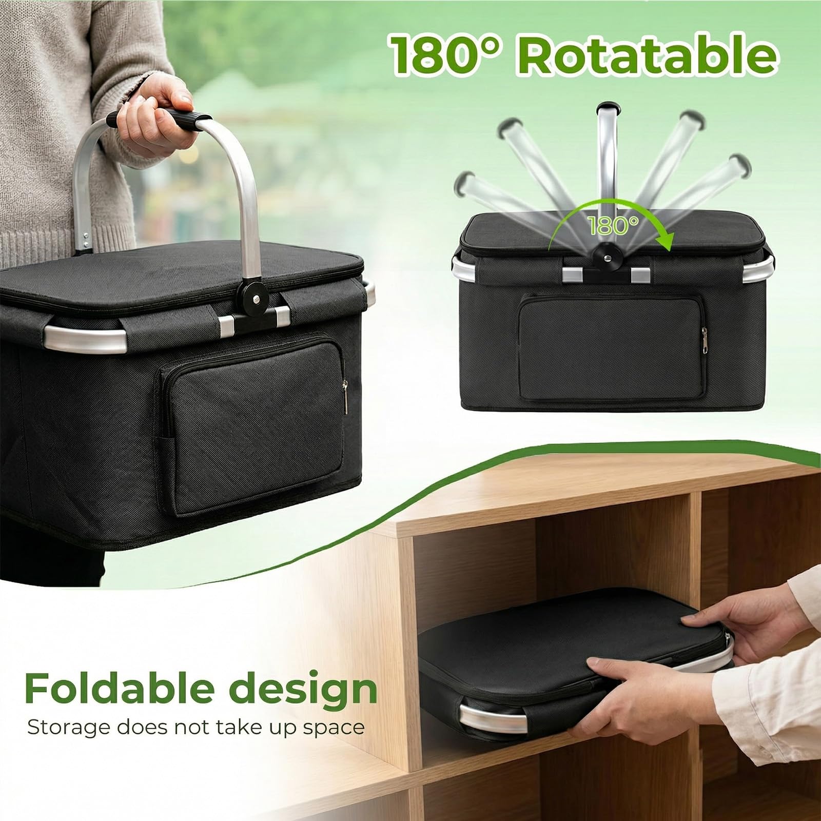 Panier à Provisions Pliable 25L, Sac Pique Nique Isotherme avec Poignée Aluminium, Grand Panier Isotherme Pliable, Sac Isotherme, Idéal pour Courses, Pique-Nique, Camping, Voyage