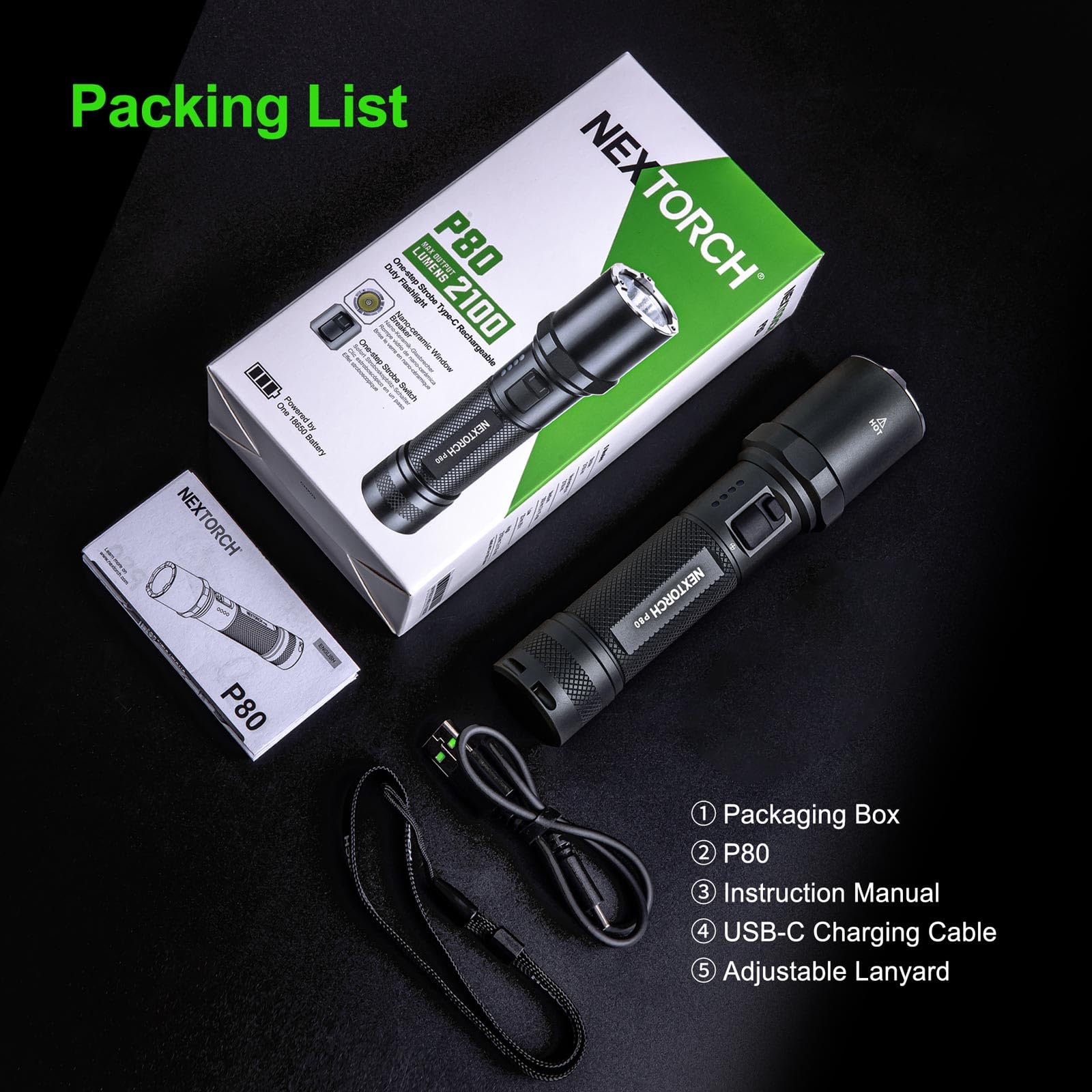 Nextorch P80B Linterna recargable de alto lúmenes, potente linterna táctica LED de 2100 lúmenes con 5 modos y estroboscópica para trabajo nocturno, aventura al aire libre, autoprotección, uso diario