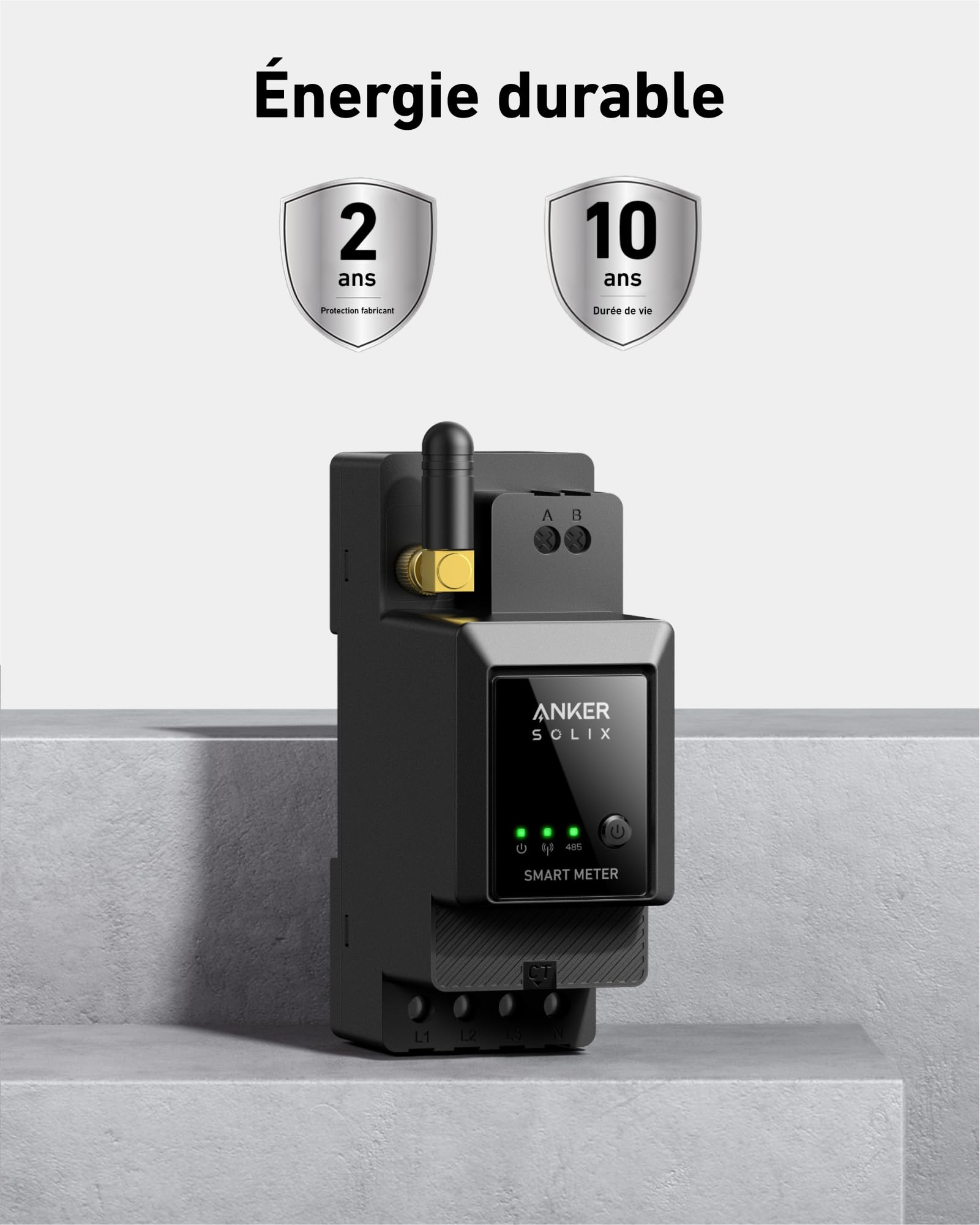 Anker SOLIX compteur intelligent, sans fil, compatible Wi-Fi, Bluetooth et RS-485, durée de vie 10 ans, protection fabricant 2 ans, précision 1 watt, ajustement rapide, configuration facile, économies
