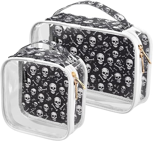 Black and White Skull Clear Toiletry Bag for Traveling,2 Pack Makeup Cosmetic Bag with Zipper,Travel Bag for Toiletries,Travel Essentials 21214825