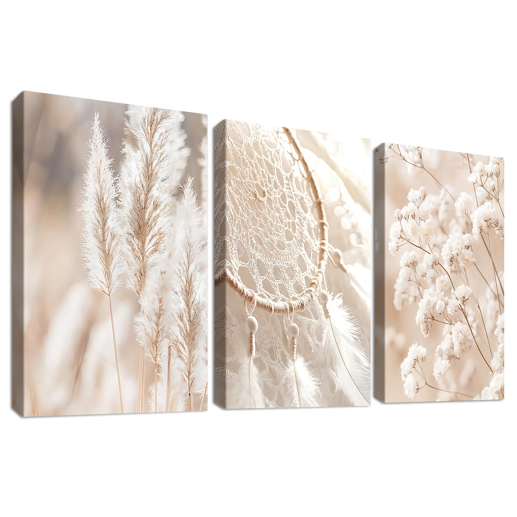 3 Pcs Wooden Framed Canvas Wall Art Canvas Prints Beige Pampas Grass Painting Dreamcatcher Botanical Baby's Breath Pictures for Living Room Bedroom Bathroom Hallway Wall Decoration 30x40 cm x3pcs