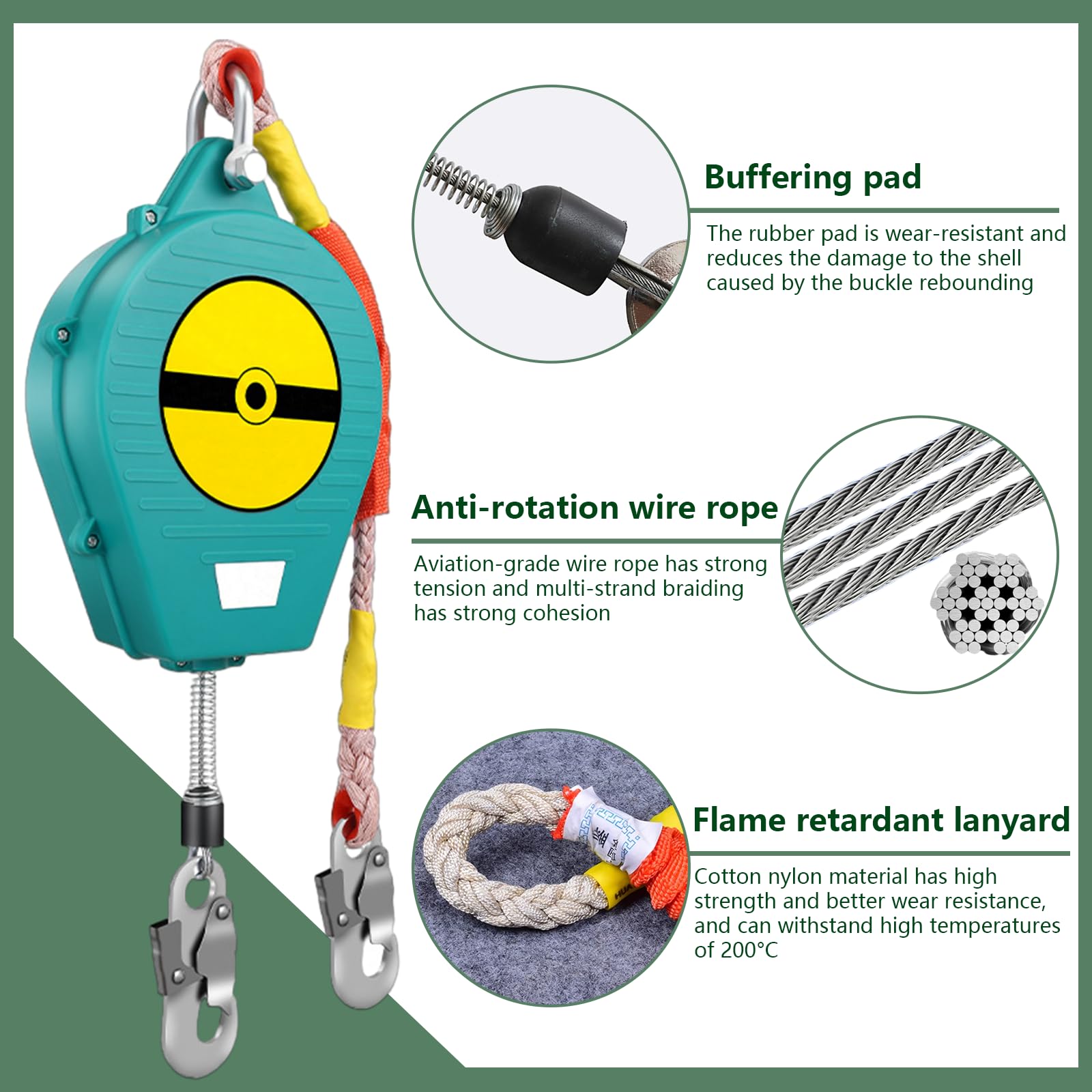 Dispositivo Anticaidas Retráctil, Linea de Vida Retractil Homologado 150 KG, Verde/Amarillo Arnés de Seguridad Anticaídas Retráctil 3-20m para Trabajos en Altura(Verde,10 metros)