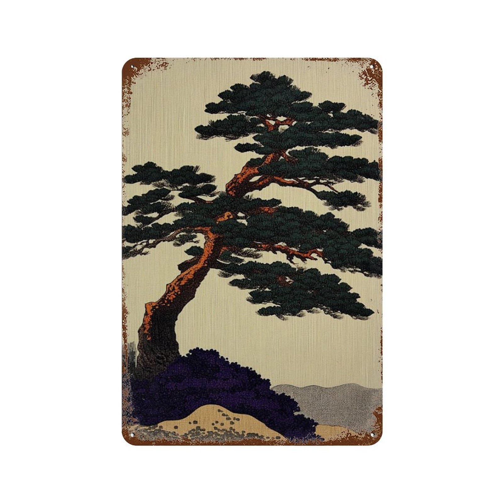 xiaoxiaoshen Japanese Pine Tree Woodblock Style Landscape Minimalist Asian Nature Botanical Wall Decor Art Metal Tin Poster Modern Home Decor Art Home Bar Shop Decorations Vintage Sign 30x20cm