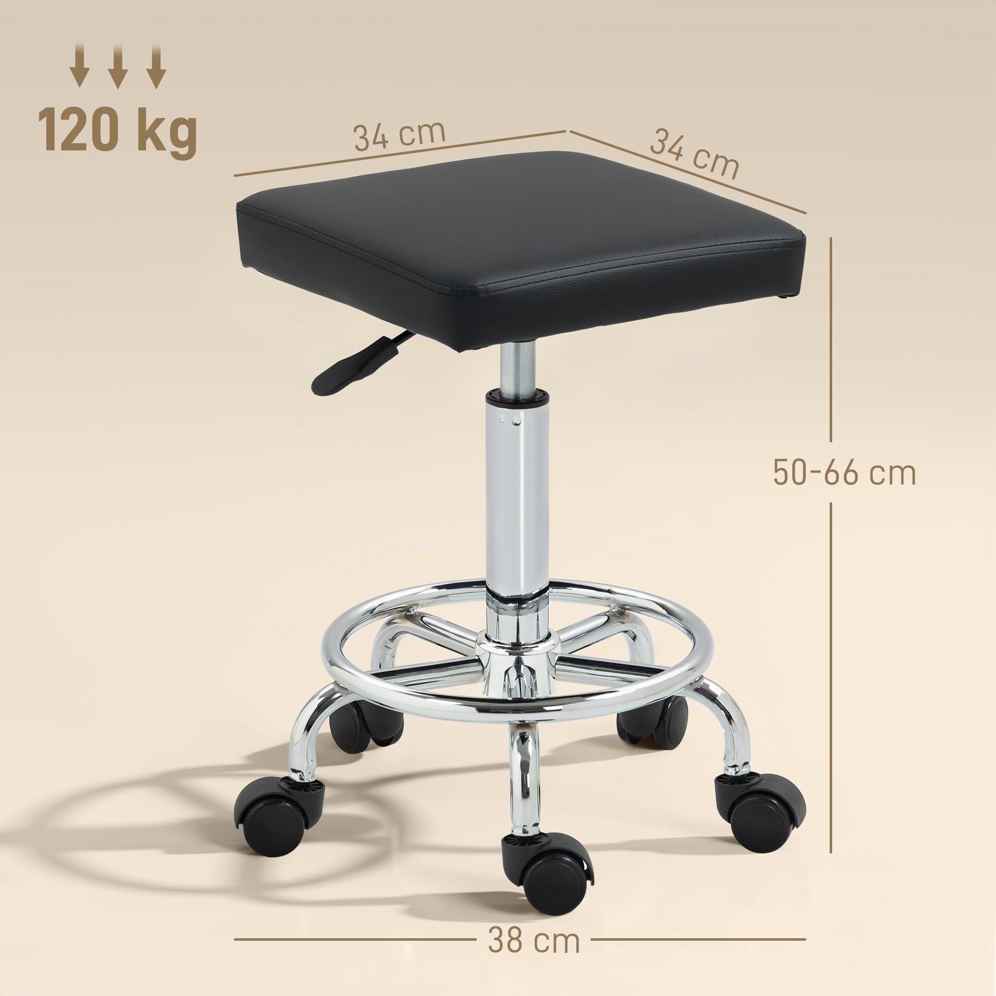 HOMCOM Tabouret à roulettes carré Hauteur Réglable 50-66 cm Noir | Chaise de travail avec Repose-Pieds, Pivotant 360°, Pour Salon de Massage, Tatouage, Clinique, Spa