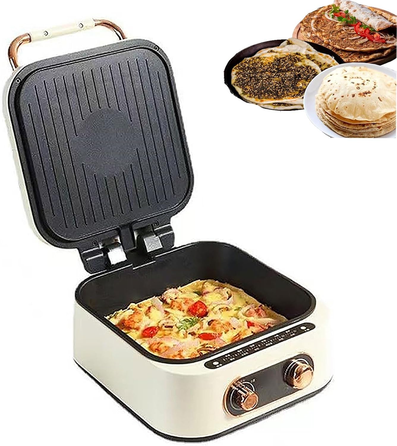 Household Multifunctional Pancake Pan Double -Sided Heating Pizza Oven Deepened Pizza Maker Machine with Adjustable Temperature & Auto Shut-Off for Commercial Kitchens -Red (White)