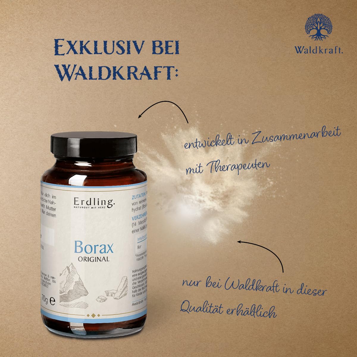 Waldkraft Borax - 99,9% Reinheit (Natriumtetraborat) | Lebensmittelqualität | Optimale Löslichkeit | Nachhaltig verpackt in Braunglastiegel | Exklusiv bei Waldkraft | 380 g reines Borax-Pulver (380g)