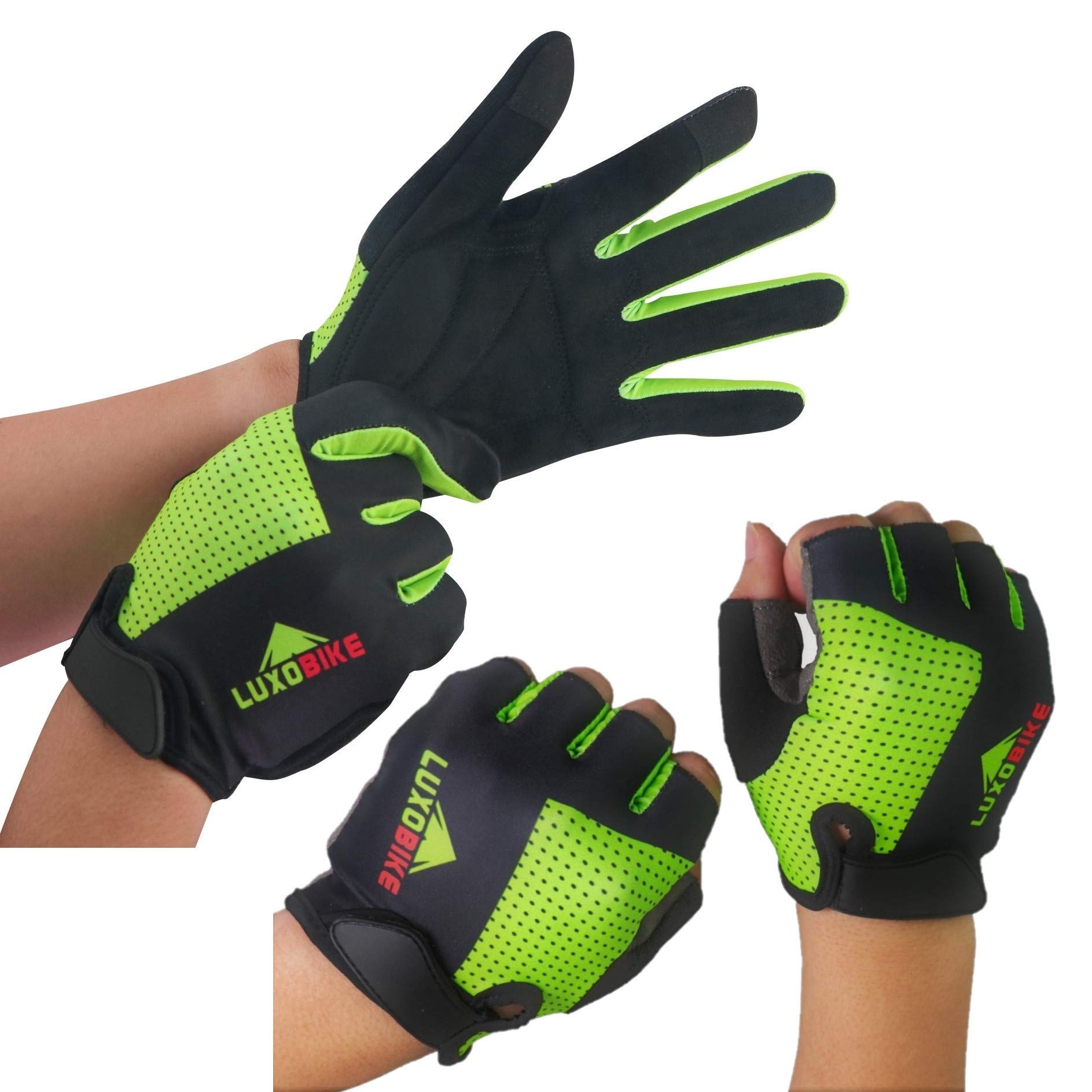 LuxoBike Green - Size Medium - 2 Pair - Half and Full Finger Cycling Gloves Bundle