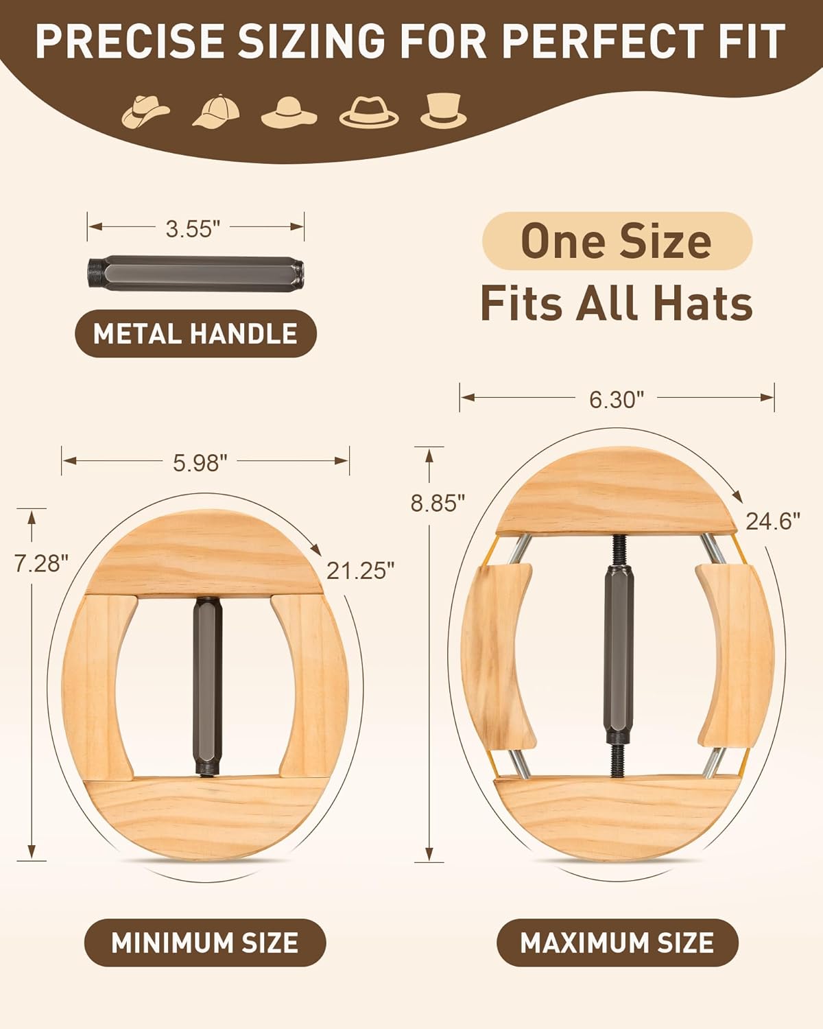 4-Way Adjustable Hat Stretcher & Jack - Resizer for Cowboy, Baseball, Peak and Fitted Caps - Tool to Shape, Stretch and Maintain Your Hats (Fits Size 6 7/8 to 8) Khaki - Image 6