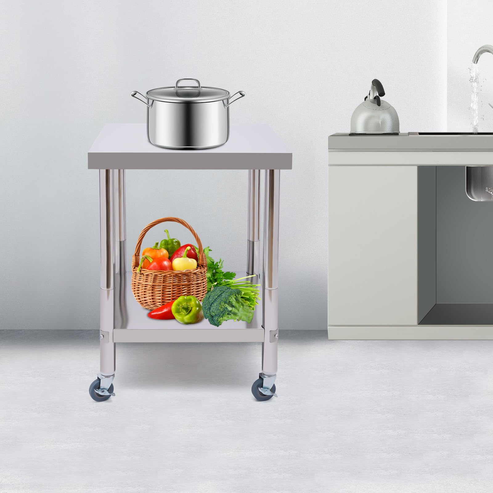 Mesa de preparación de alimentos de acero inoxidable para catering, mesa de trabajo comercial para cocina, bar, restaurante, plata, 60 x 60 x 85 cm