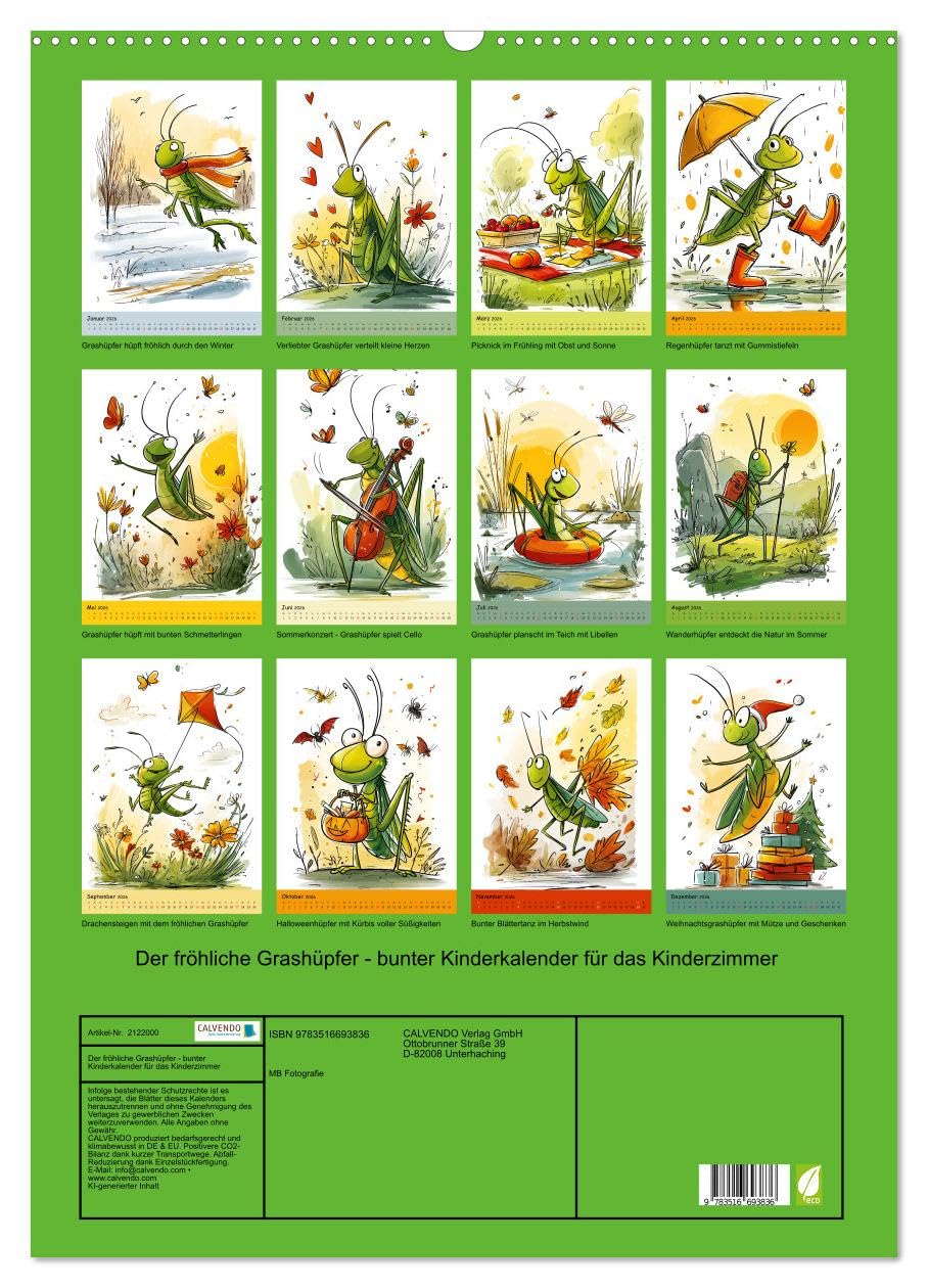 Der fröhliche Grashüpfer - bunter Kinderkalender für das Kinderzimmer (Wandkalender 2026 DIN A2 hoch), CALVENDO Monatskalender: Fröhlicher ... und ein tolles Geschenk. (CALVENDO Tiere)