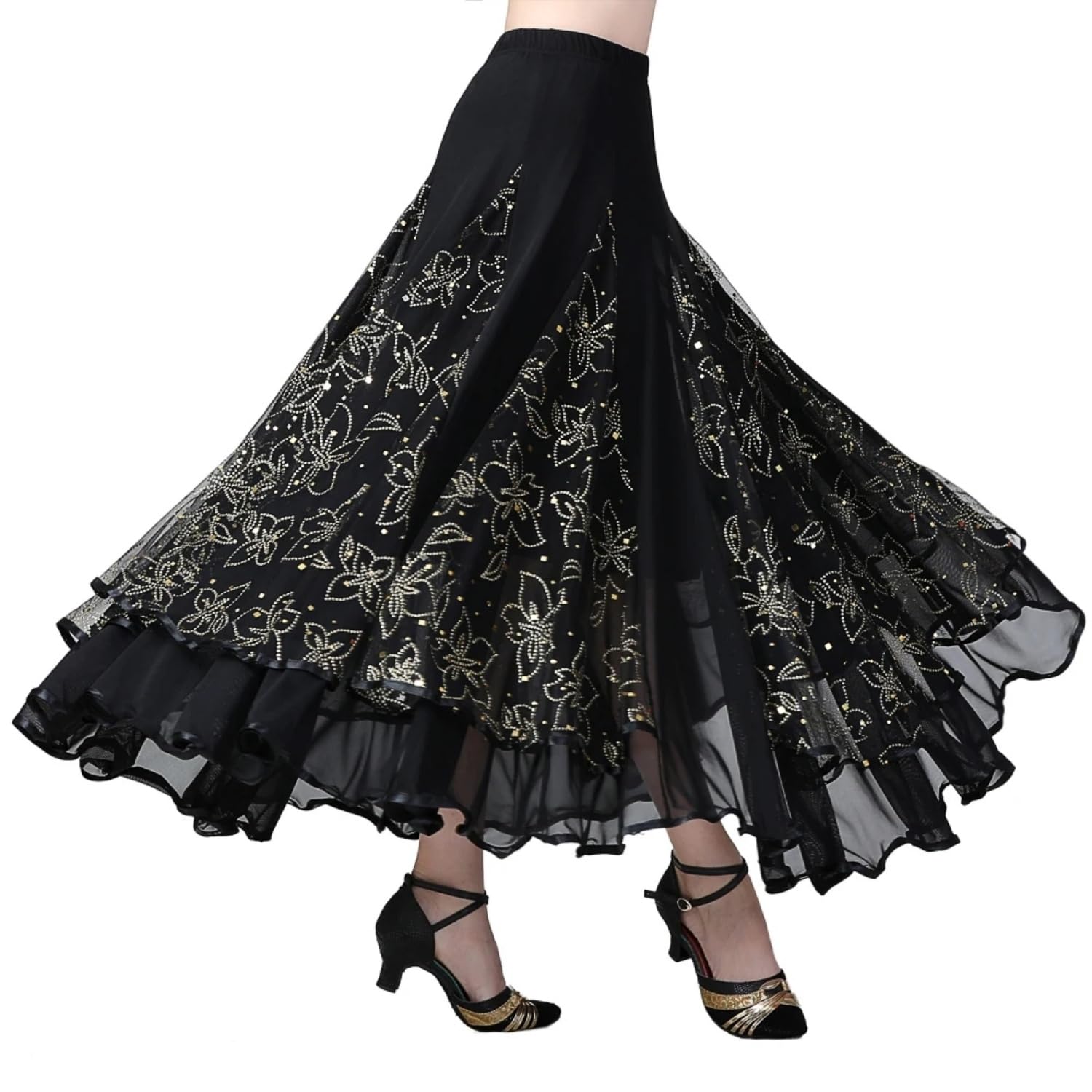 Eleganter, glitzernder Blumenrock, Ballsaal, Tanz, Latein-Tanz, Party, langer Swing-Rock, Vollkreis-Rock, Bauchtanzrock, Rüschenrock, Pailletten-Mesh-Rock, Walzer, Tango-Kleid für Damen