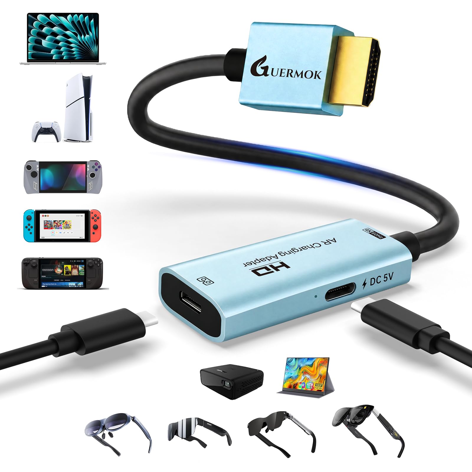Guermok AR Glasses HDMI to USB-C Display Adapter, 4K@60Hz Video Converter