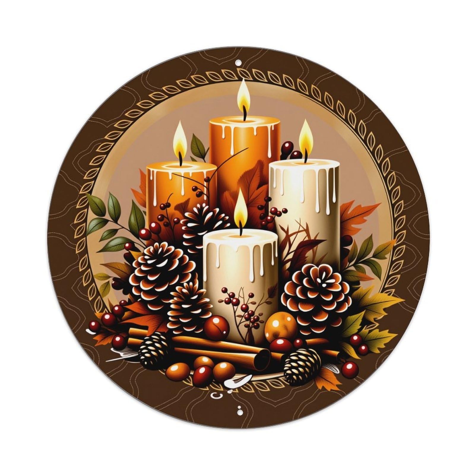 Autumn Candles Pinecones Leaves Berries Round Tin Sign Vintage Metal Poster Retro Bar, Home, Man Cave, Kitchen, Laundry Room Wall Art Decor Gift 8x8Inch