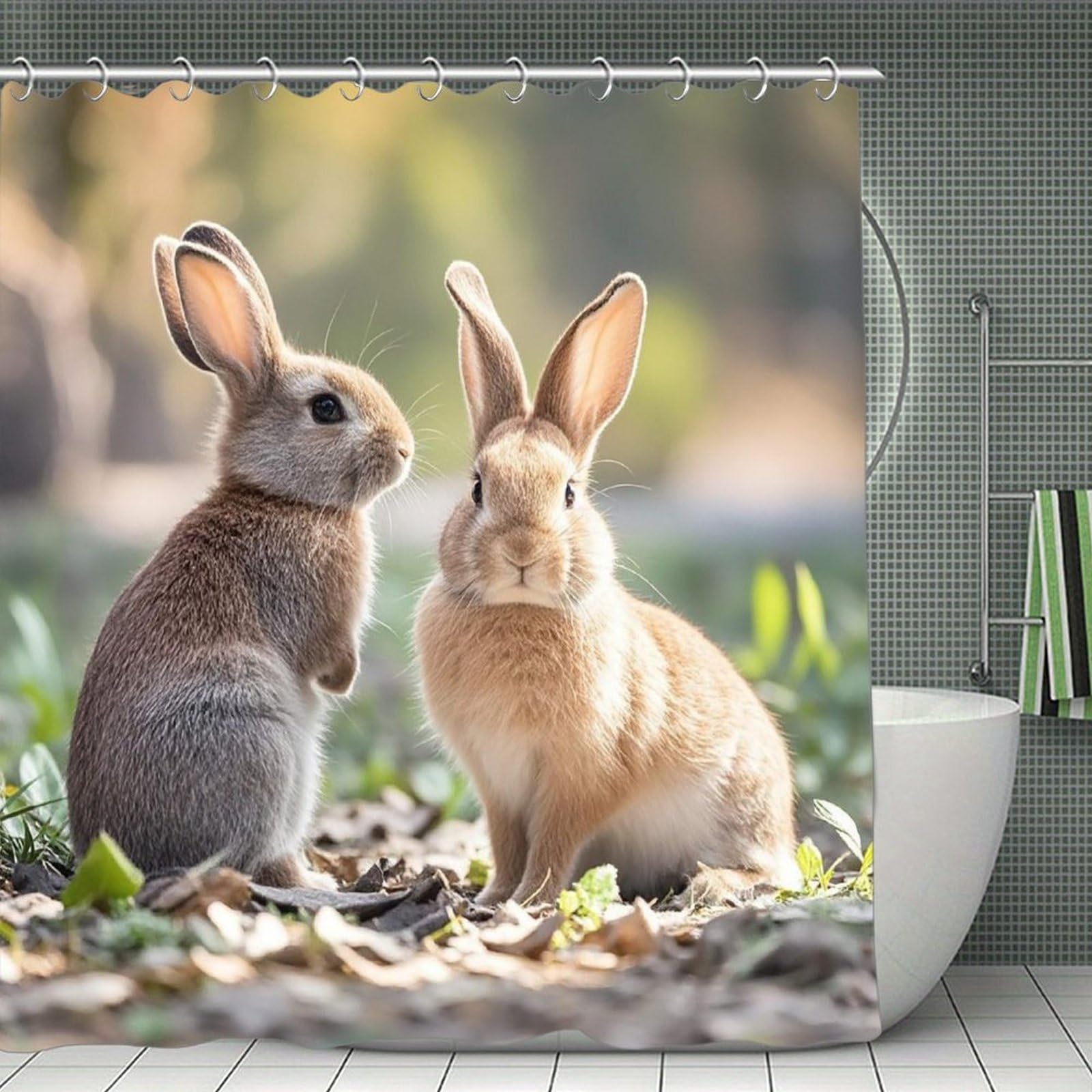 FekiLoot Two Little Cute Rabbits Shower Curtain Minimalist Thick Bathroom Curtain Washable Modern Bathroom Shower Curtain Heavy Duty Waterproof Cloth Bath Curtain with Hooks 70.8"x70.8"