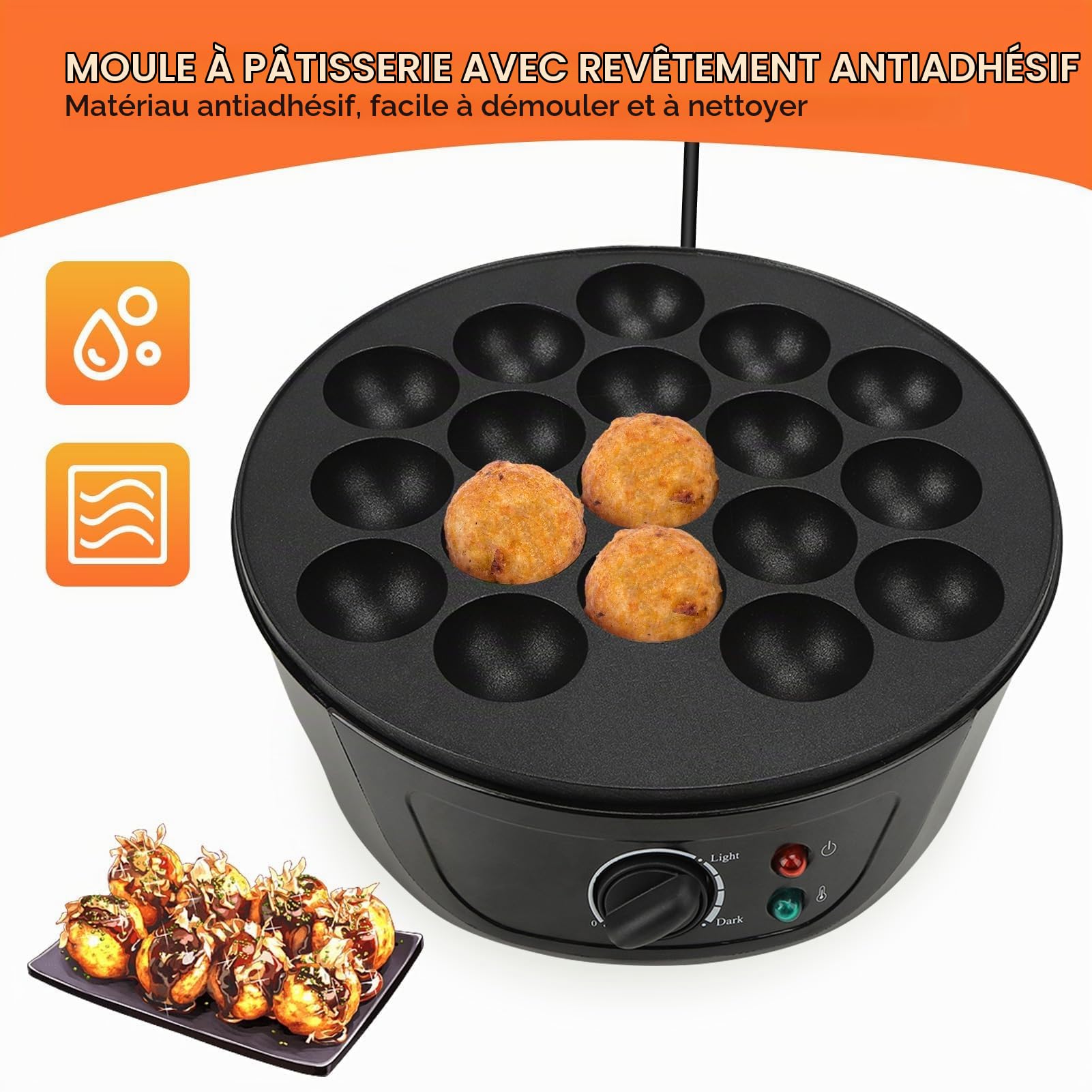 Takoyaki Machine, 18 Grille Ménage Takoyaki Poêle Pancake Ball Mini Électrique Takoyaki Cuisson Pan Puffs Pan DIY Petit Déjeuner Machine pour Boule Japonaise(EU)