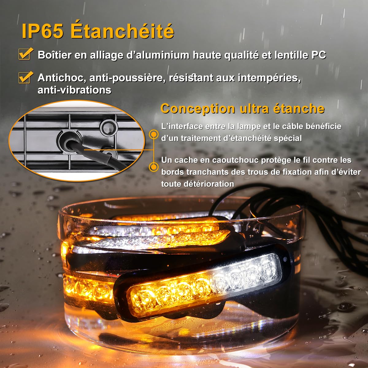 Feux de Pénétration LED Orange Blanc 12/24V, 8×8 LED, 14 Modes | IP65 étanche, adapté aux conditions difficiles, avec feu stroboscopique LED orange pour camions et voitures