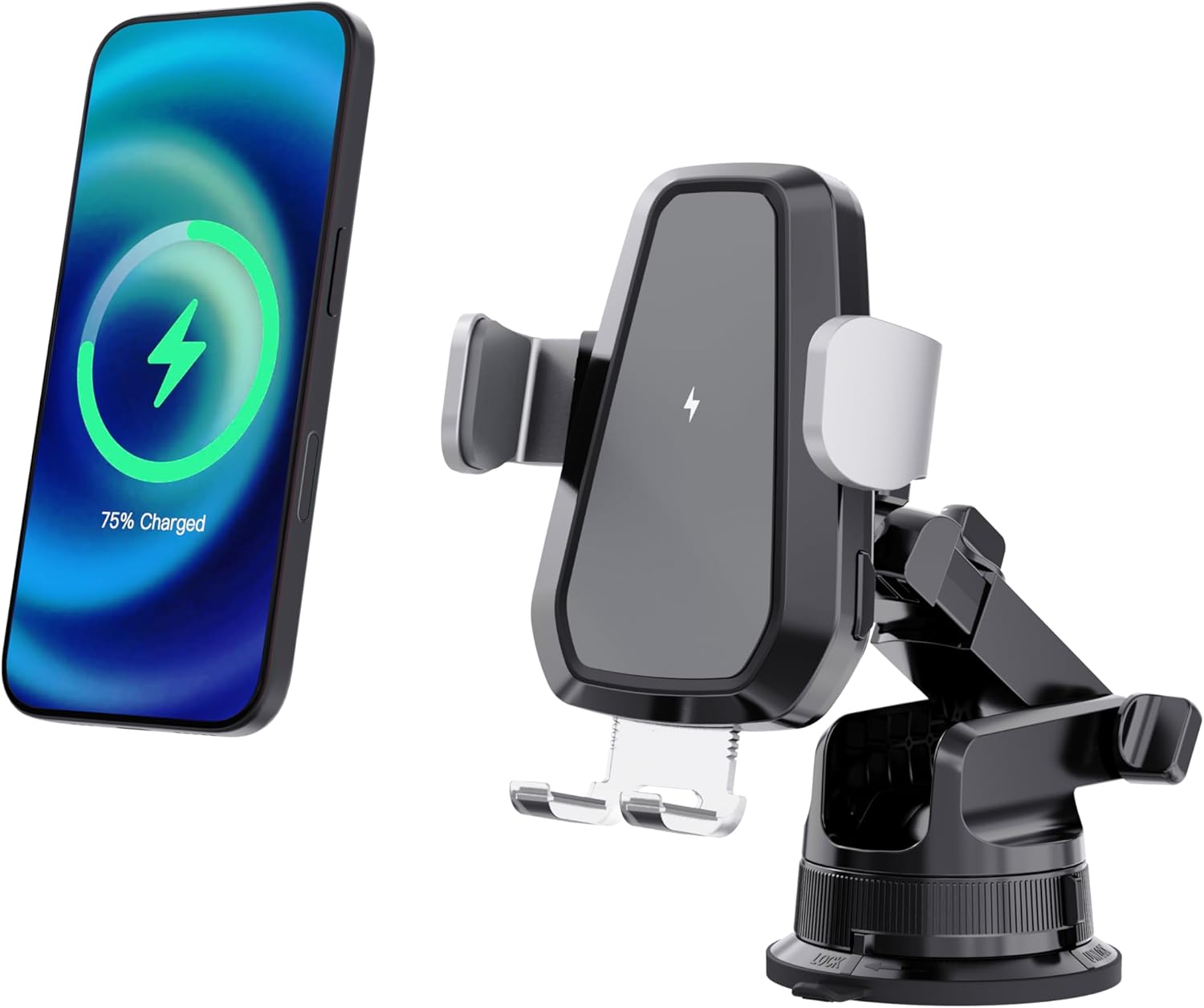 Wireless Car Charger Phone Mount,15W Fast Charging Car Phone Holder,50lb Suction Cup 3-in-1 Cell Phone Holder for Dash,360° Auto Clamp Compatible iPhone 17/16/15/14/13/12 Samsung S23/S22/S21/S20/S10+