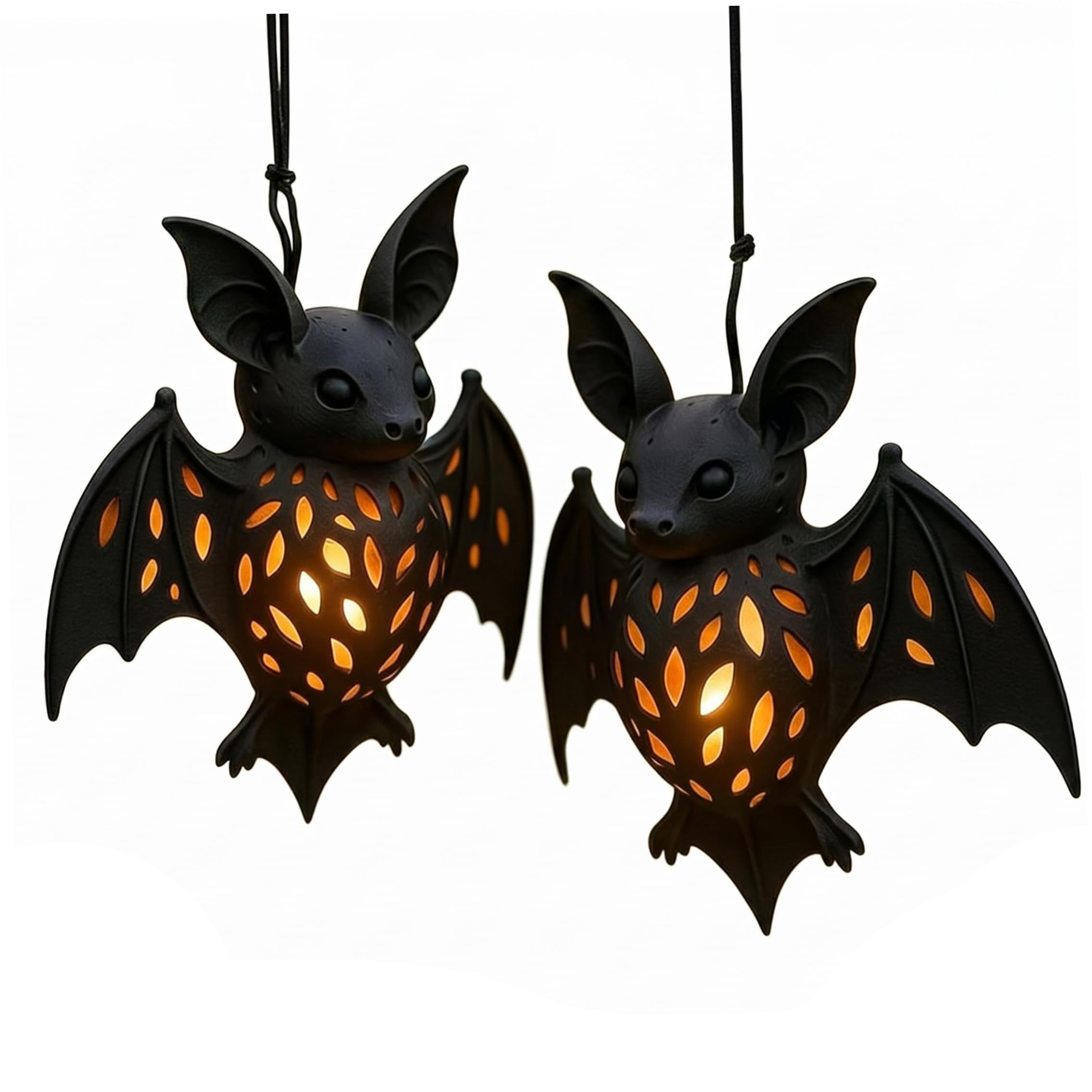 StaZamor 2Pcs Black Hollow Hanging Gothic Bat Lamp with Warm Lights, Halloween Decor for Indoor Outdoor, Porch Garden Party Spooky Atmosphere