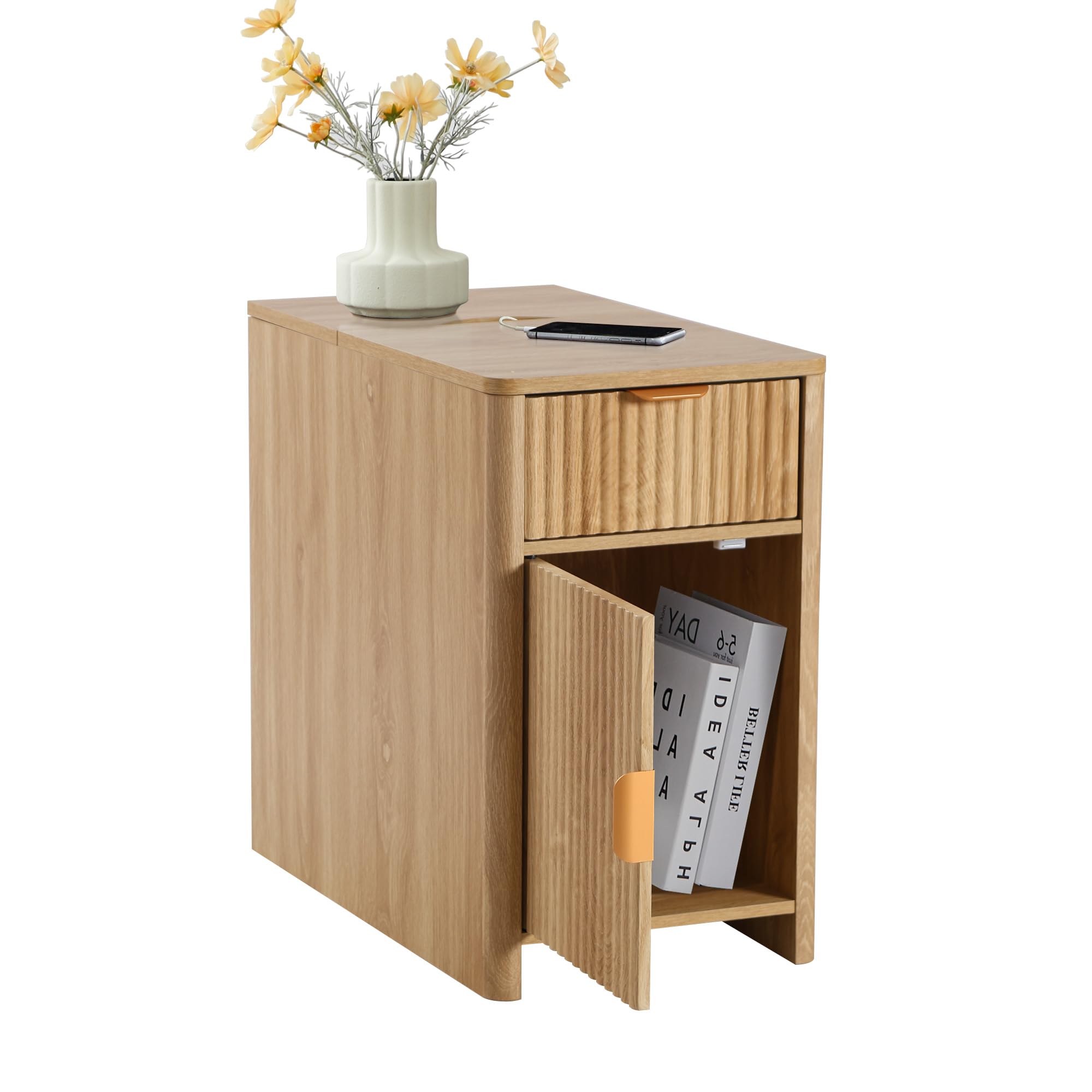 affeivul Fluted Narrow End Table with Charging Station, Boho Side Table with Drawer Storage, Small Night Stand with Power Outlets and USB Ports, Sofa