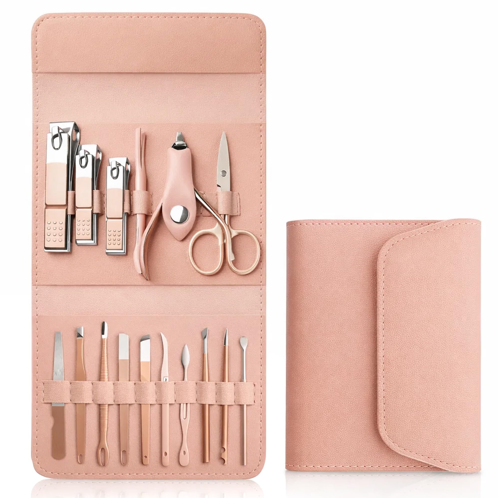 GLUN® Manicure & Pedicure Complete Tool Kit, Beige Colour Different 16 Piece Nail Clippers Set with Green PU Leather Cover, Stainless Steel Nail Care Kit, Professional Nail Cutting Kit for Men & Women-image-49