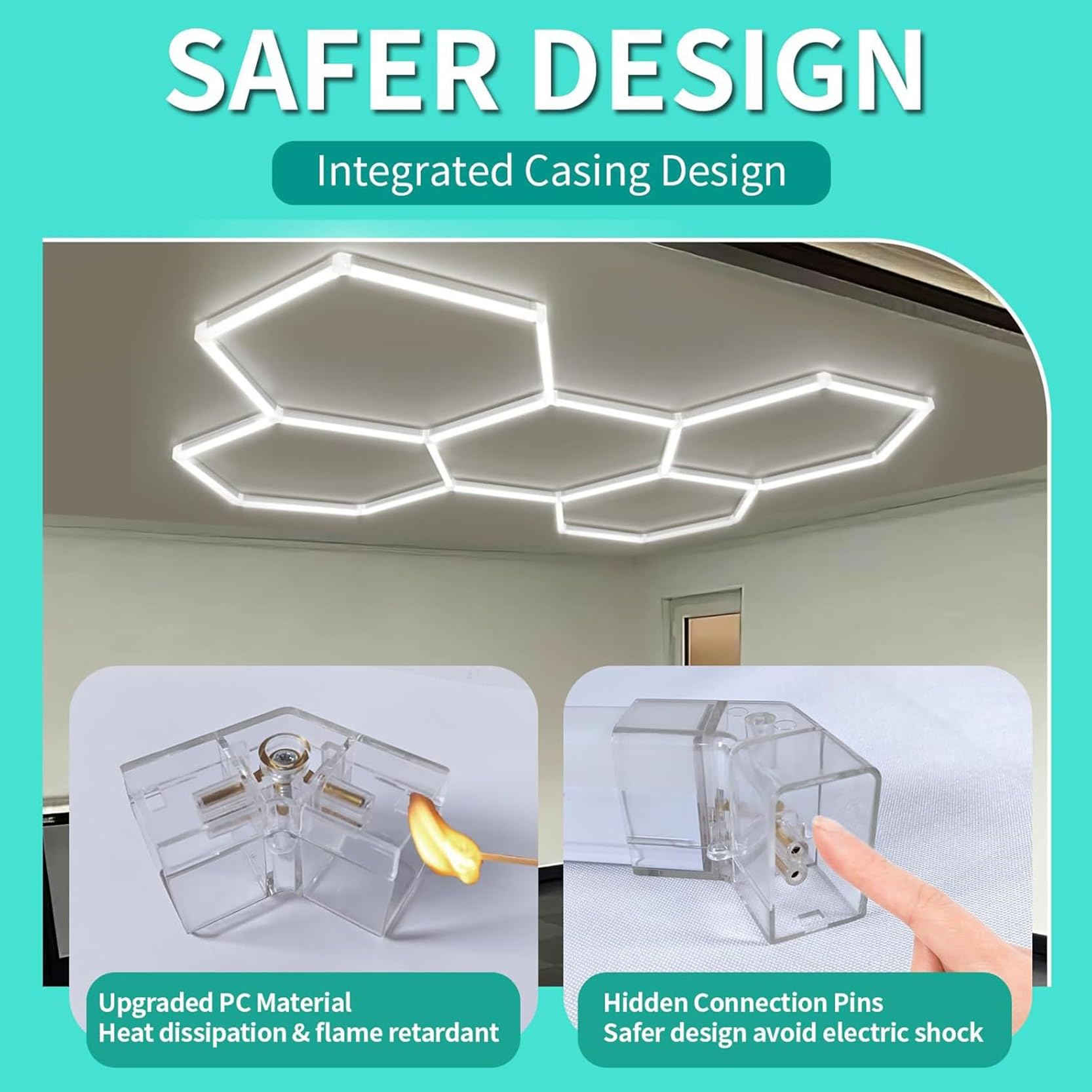 Panneaux LED hexagonaux à 5 ou 14 modules, grand format, 168 W ou 672 W, 6500 K, ultra-lumineux, for garage, atelier, entrepôt, detailing auto, bureau. Installation facile.(5 HEX)
