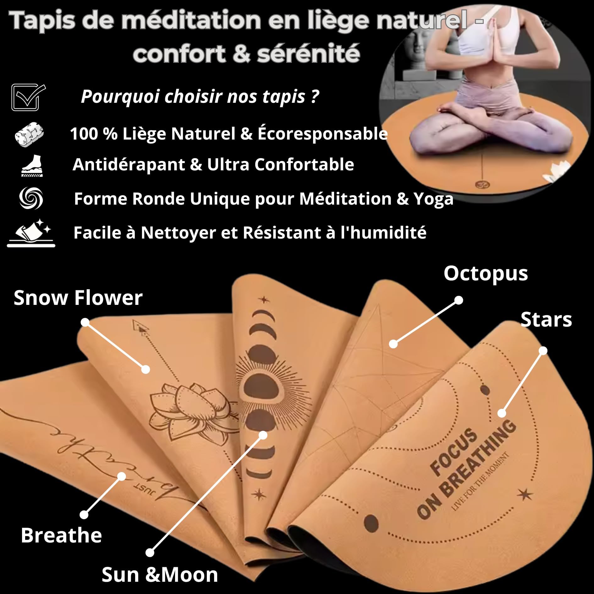 Tappetino da yoga rotondo – sughero naturale ecologico – 68 cm, 5 mm di spessore – antiscivolo, assorbente, per yoga, pilates, meditazione